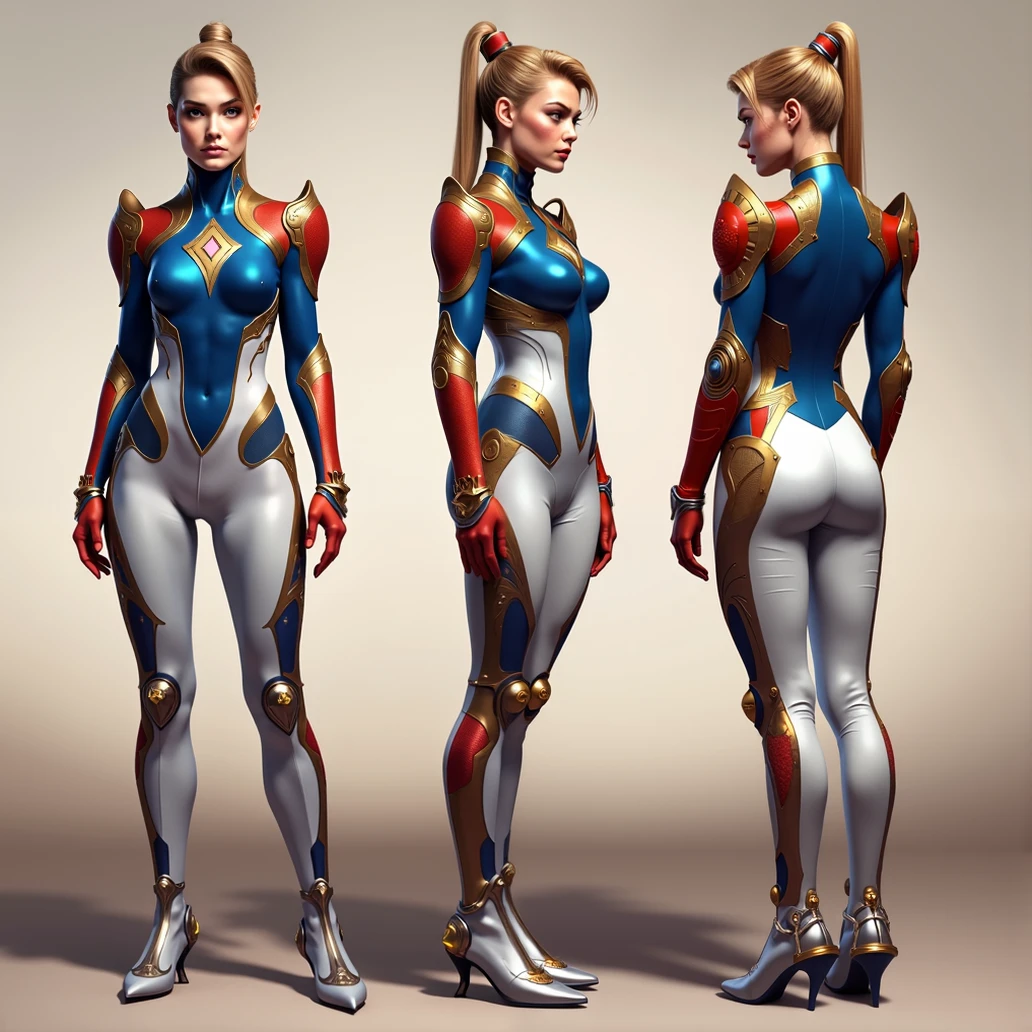 create an image of just an artistic gymnastics leotard, without a person, containing front and back in blue and red colors with shiny details.