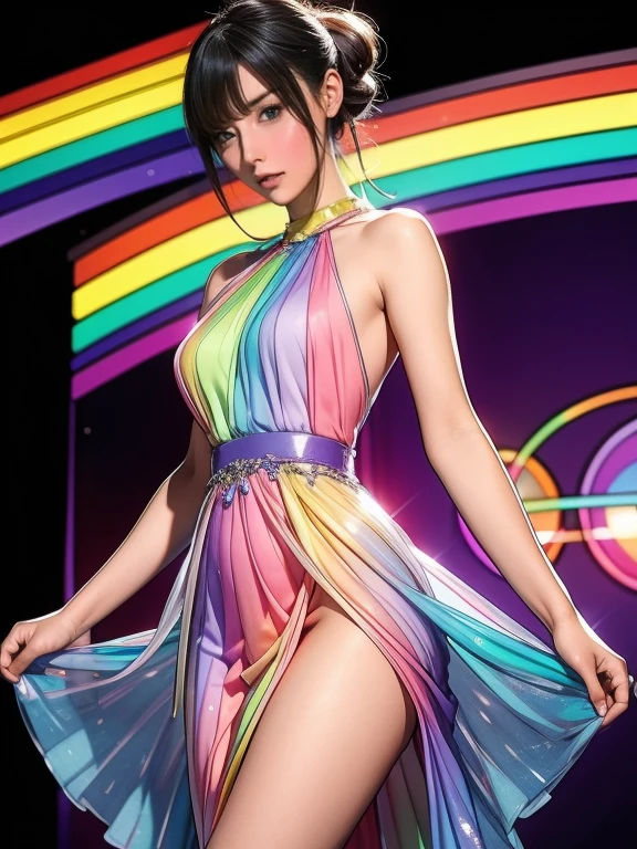 ((masterpiece)),(((Highest quality))),Festivals、Group of 5、Group of 5アイドルグループ、Thin thighs,Long legs,whole body:1.5,(One Girl:1.3),(pop pattern pantyhose and thick pointy heels:1.3),(Cute white casual summer outfit dress:1.2),short blonde:1.2、Model Pose,
Flowerpunk space background glitter effect, Lens flare, fluorescence,