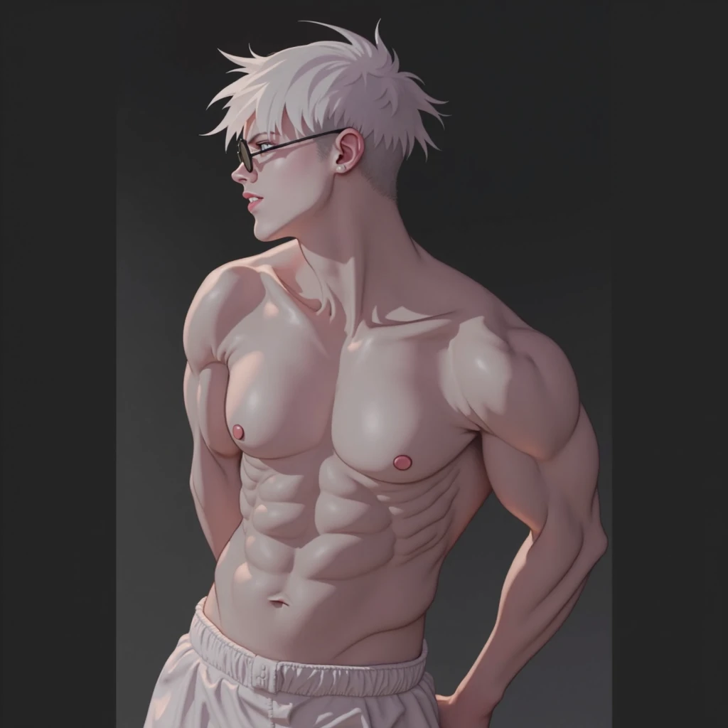 1boy, adult, handsome, perfect face, detailed eyes and face, clean shaved, sixpack realistic, white eyebrow hair, white eyelashes, dynamic lighting, unreal engine 5, hd picture, satoru gojo, white hair, short hair ,hair between eyes ,blue eyes, white skin, milk pink nipple