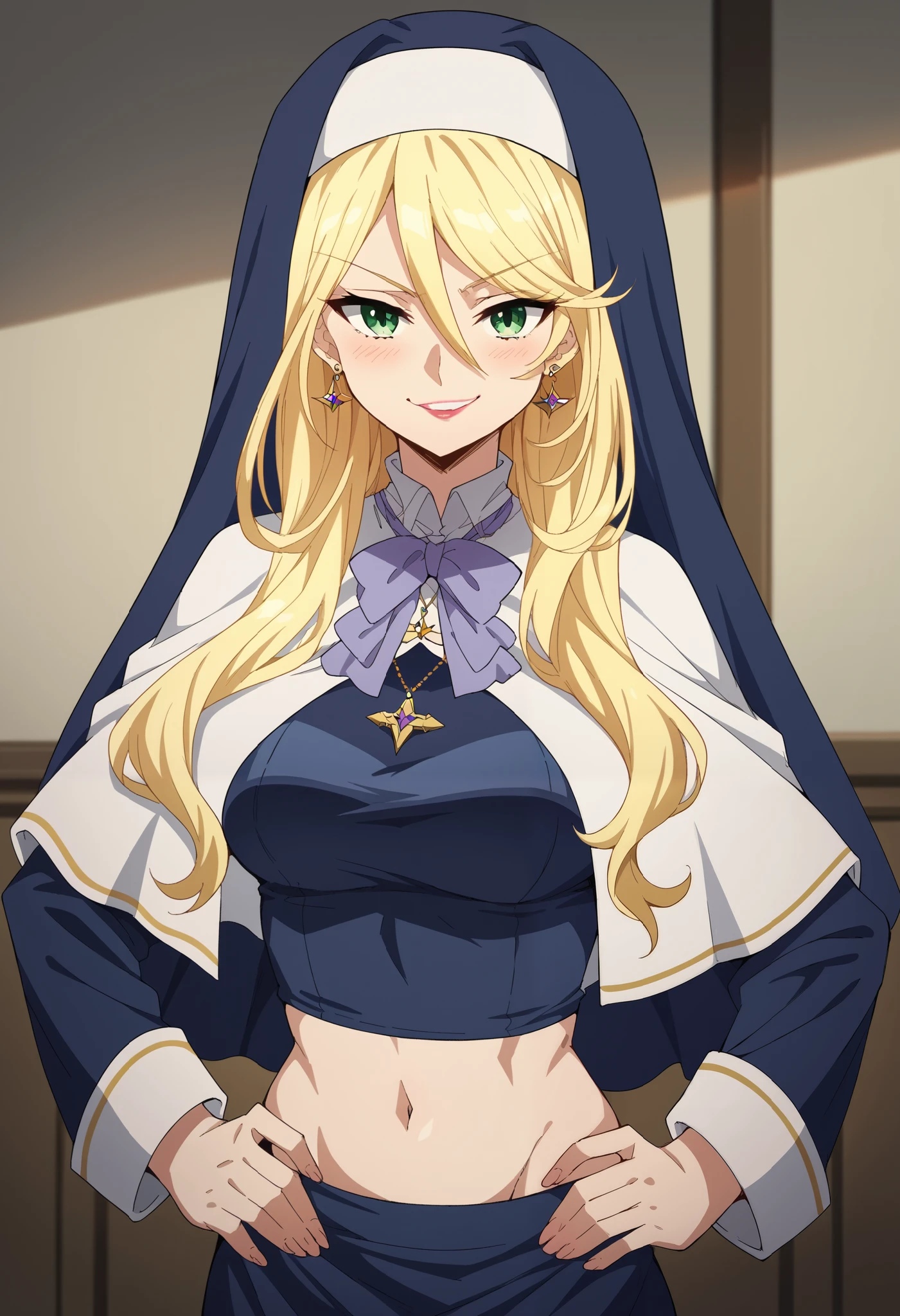 score_9, score_8_up, score_7_up, source_anime, sharon holygrail, long hair, blonde hair, hair between eyes, green eyes,, bow, jewelry, earrings, bowtie, necklace, purple bow, nun, habit, purple bowtie, capelet, white capelet,, indoors, smug, smile, looking at viewer, solo, hands on hips,, cowboy shot, ear piercing, long hair, blush, lipstick,Hot girl, baddie, smoking, sensual, attractive ,evil smile, blush, lipstick, exposed belly, exposed navel, exposed midriff, exposed lower belly