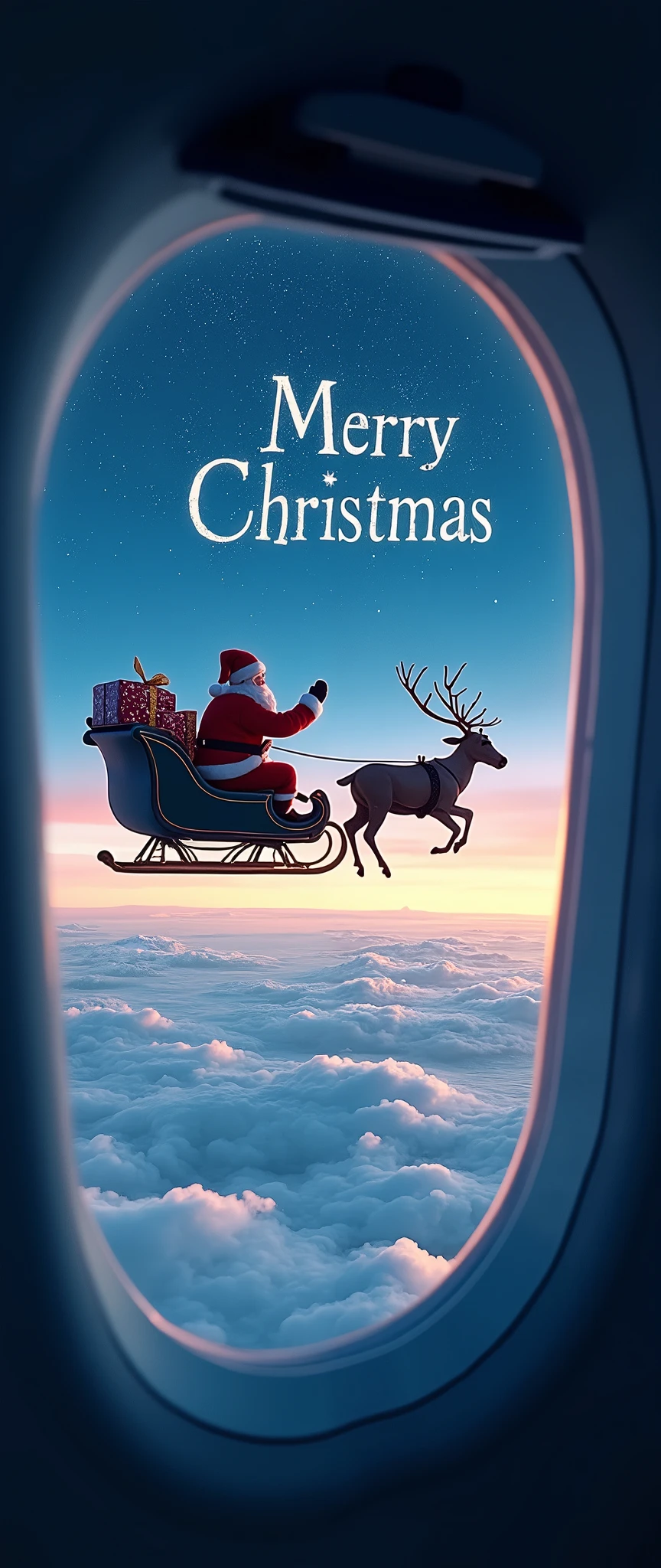 (masterpiece:1.2, high image quality, Mirror Finish , cinematic experience , best illustration :2.0, super detailed ),8k,16k,( wallpaper:2.0),( view from an airplane window with a hologram in the night sky:2.0),("   Merry Christmas   "Write:2.0),( Santa Claus waves over here :2.0),(smile:2.0),( Santa Claus rides a sleigh loaded with Christmas presents:2.0),(A reindeer is pulling a sled :2.0),( full of night sky :2.0)