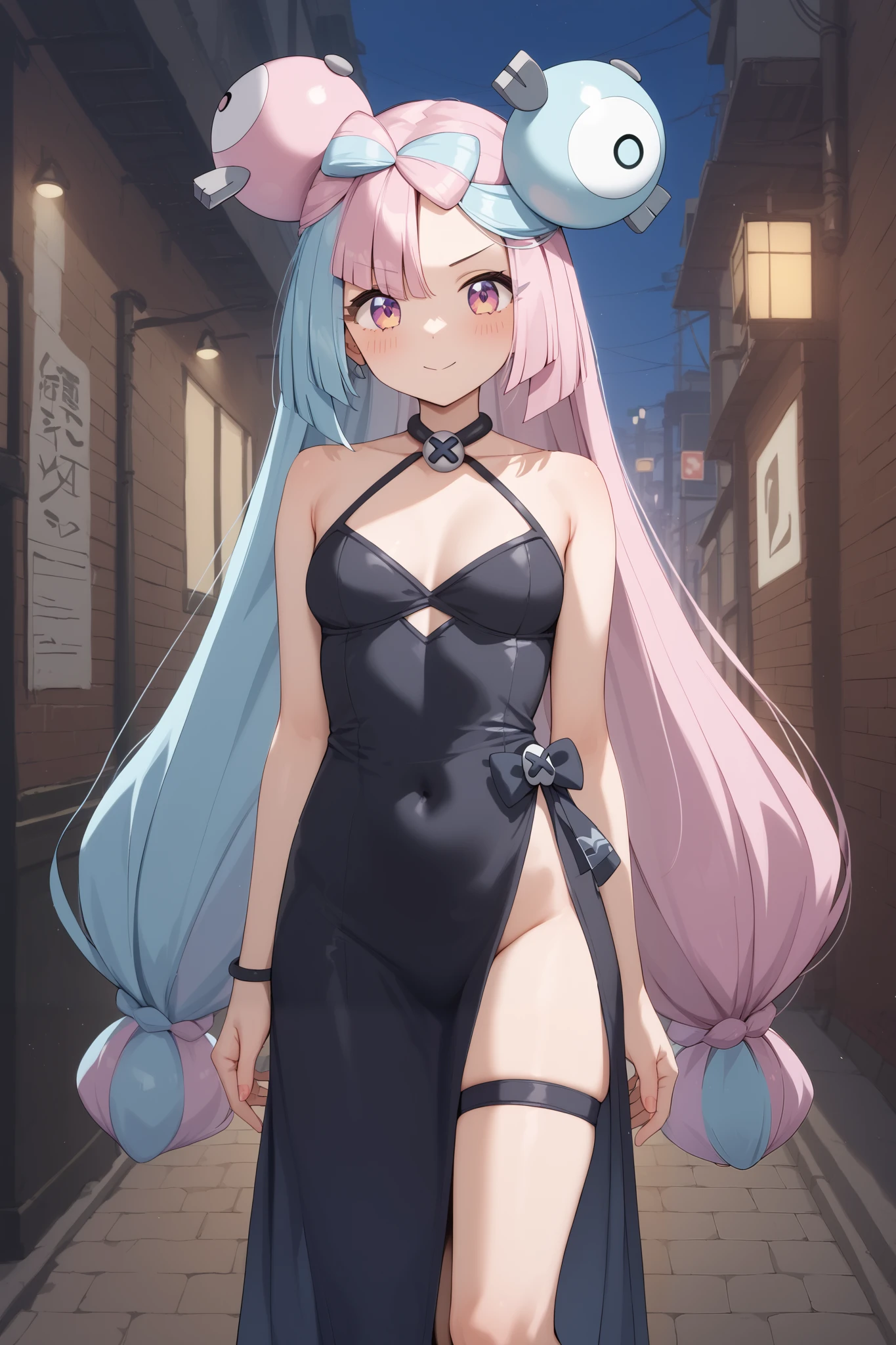 NSFW,masterpiece, top quality , high res, very detailed,Pokemon Iono、 blue hair、Bow-shaped hair、キャラクターの hair ornament、 hair ornament、 long hair、低く結んだ long hair、Multicolored Hair、 pink hair、 split color hair、 twin tails、 two-tone hair 、 pink eyes,(Prostitute), Evening Dress,Nightlife,alley