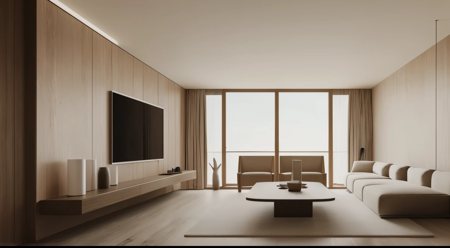  Minimalist Residential Space，masterpiece,  high quality, OC Renderer,  high-resolution ，Oversized TV ，Hidden Light Strip ，There is nothing on the desktop