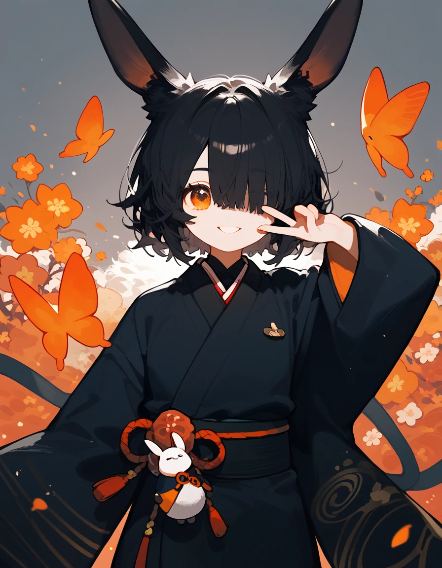  black rabbit girl,In the orange eyes,Japanese archer,Long ears ,, closed one eye,Black suit, hair over eyes , black hair, medium face ,smile,Japanese set ,kimono, black pantyhose,Dumpling shoes 