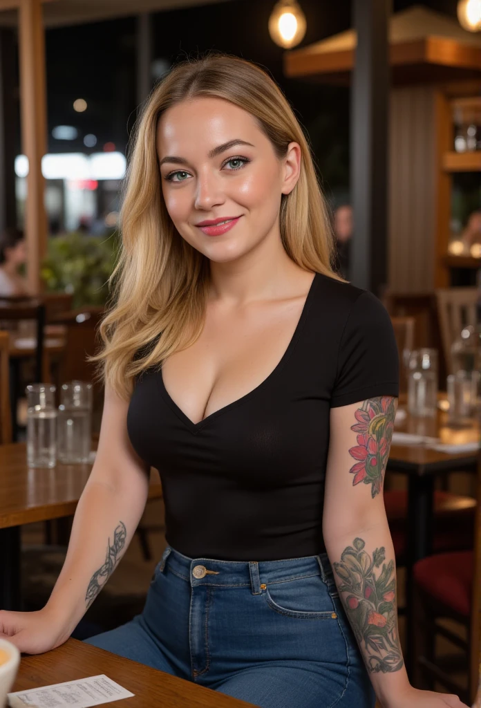 Create a realistic (full-body image:1.7) of a confident 30-year-old woman resembling Laurence Bedard. She has blonde hair, wears a tight cropped top and a yellow miniskirt. Sitting down,i n the bar, facing the camera with a seductive smile, she looks directly at the viewer. Her legs are slightly apart, suggesting confidence and allure. There's a subtle reveal of her body, emphasizing her beautiful physique. , adding to her allure and mystique.