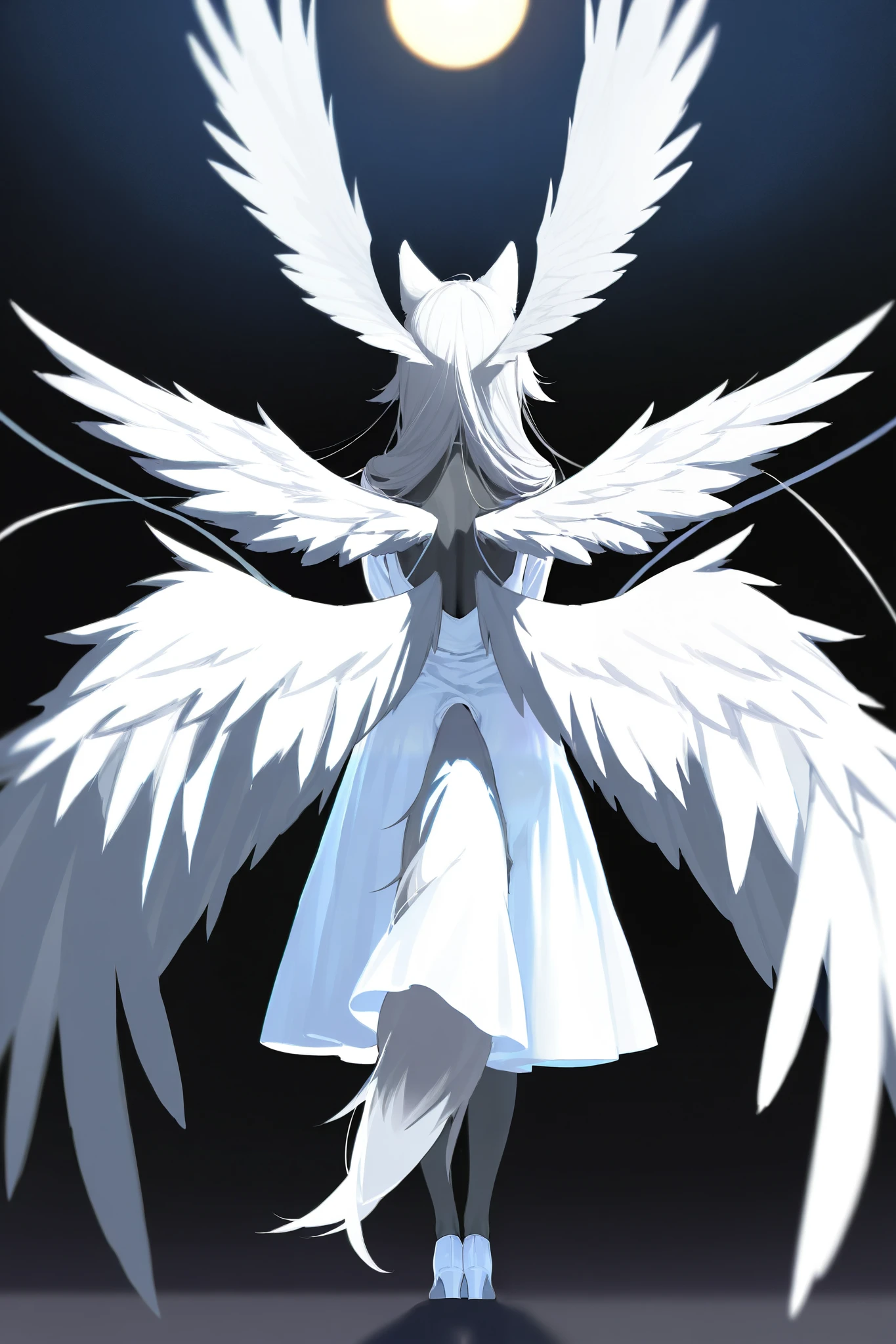 white long hair , girl , Angled wings, grey skin, WOLF EARS, wolf tail, big wings are tucked behind your back, wings on head , white dress contest.
