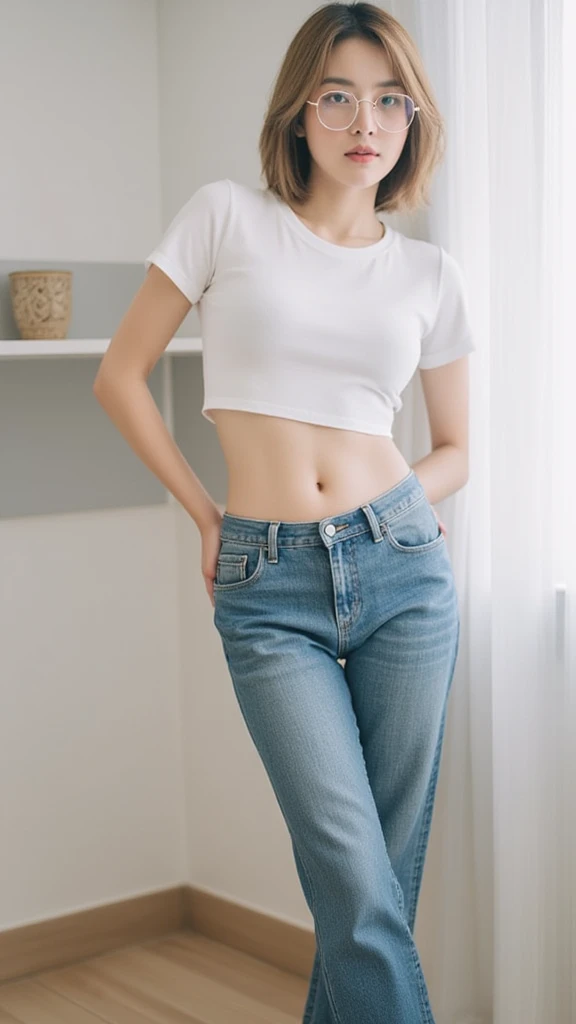 Thai woman, bob hair, rounded eye glasses, white crop shirt, navel, panty hem inside bootleg jeans, sneaker, sexy pose