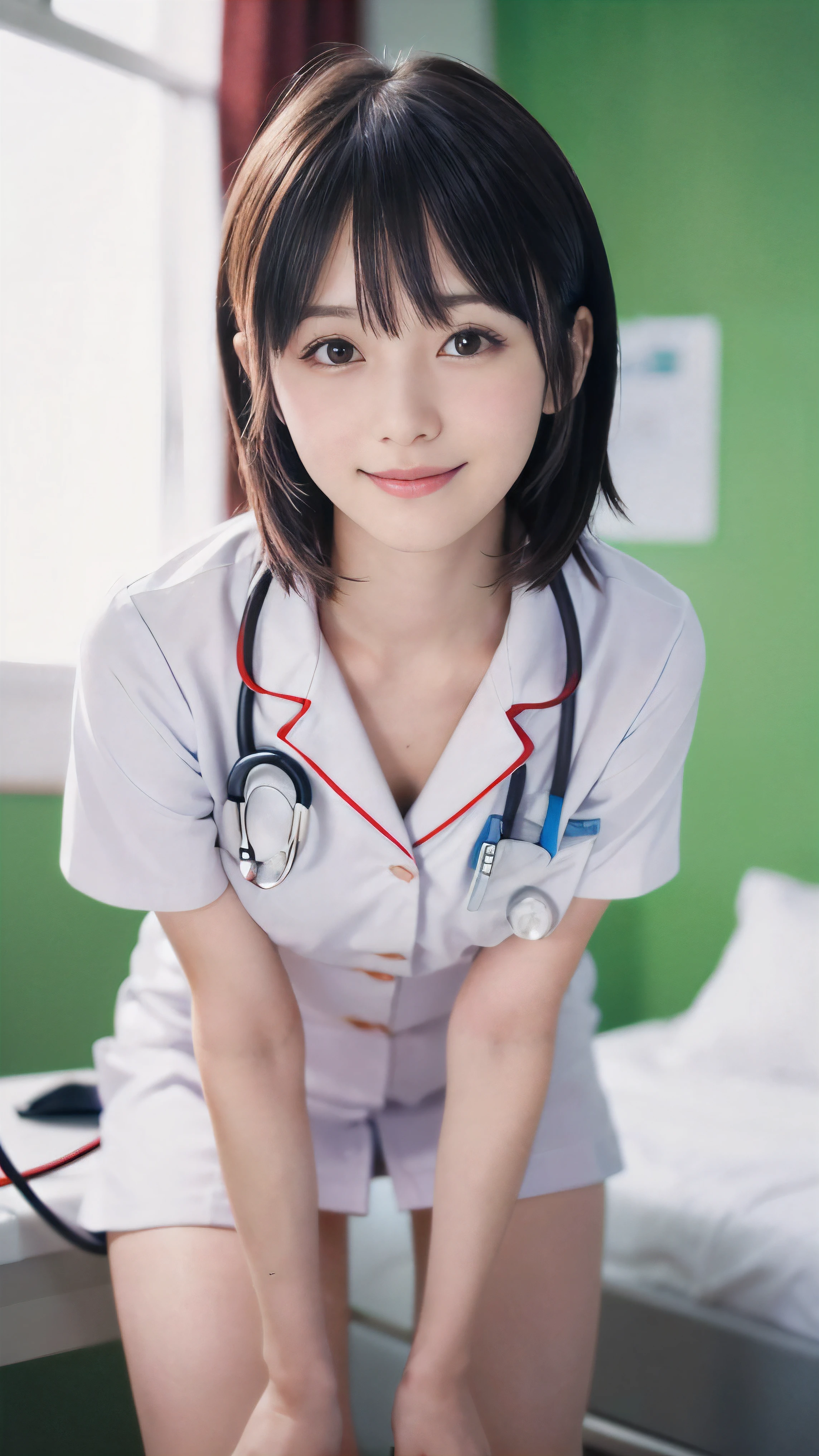 (Close-up face shot of one slender small breasts two side up black medium hair with bangs girl in a white nurse uniform:1.5)、(One nurse measuring blood pressure in the hospital room with small smile:1.5)、(blurred background:1.5)、(Natural light:1.5)、(High-key photo:1.5)、(8k ultra detailed master piece:1.5)、(perfect anatomy:1.5)、(Photorealistic stick:1.5)、(Raw photo:1.3)、(highest quality:1.5)、(High resolution:1.3)、(Delicate and beautiful perfect face:1.3)、(Delicate and beautiful eye air skin:1.3)、(Real Human Skin:1.3)、((thin legs))