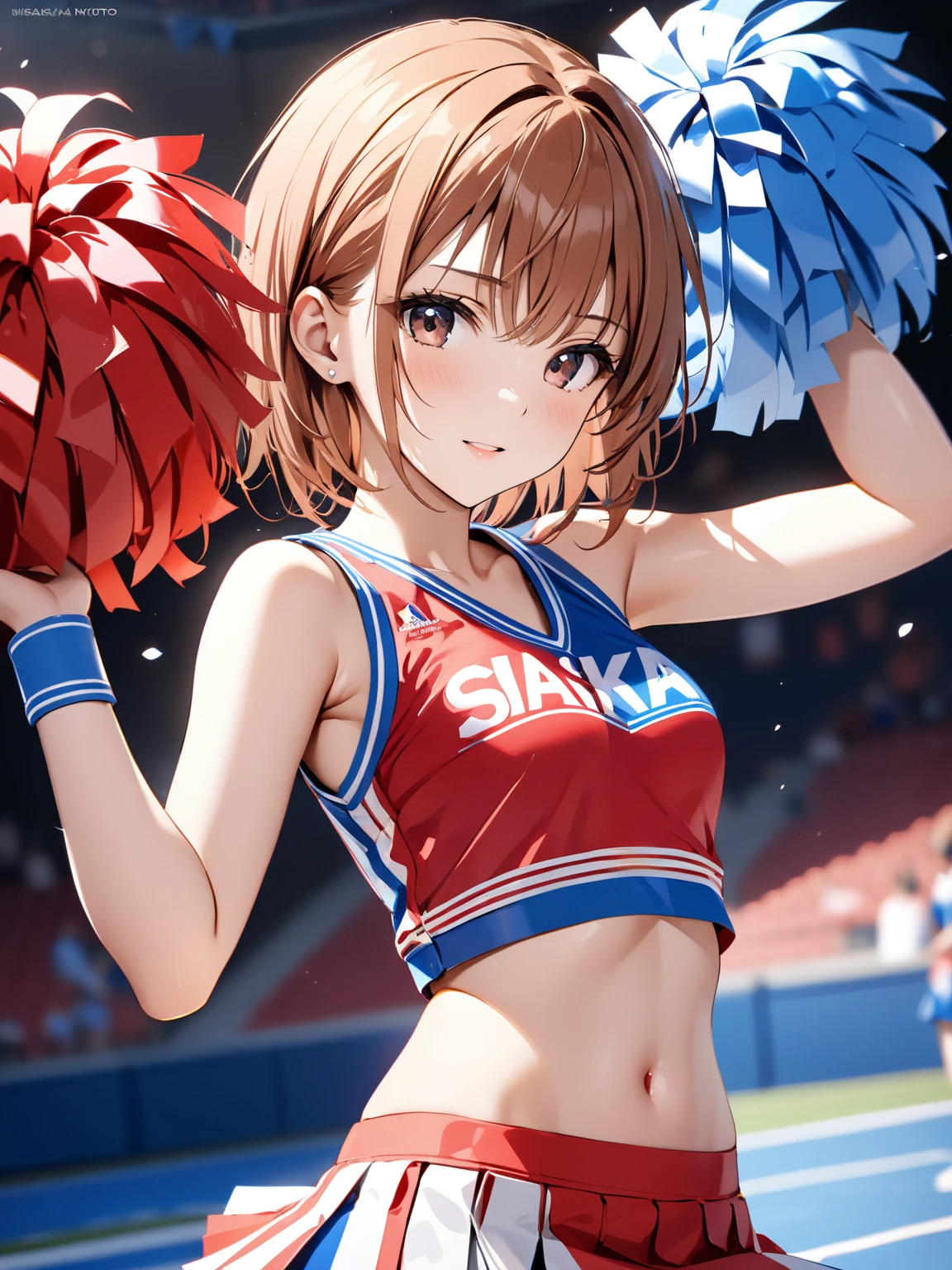(Highest quality, 8k, 32K, masterpiece, Ultra-high resolution,:1.2),to be born, One Girl,So cute , Fantasy background like a ground, clear, Shining Eyes, Age 20 ,Fair skin, Brown Hair Girl, A beautiful girl like a fox, Cheerleader, Slanted Eyes, An innocent smile, Grin, mini skirt,short hair, Short Hair