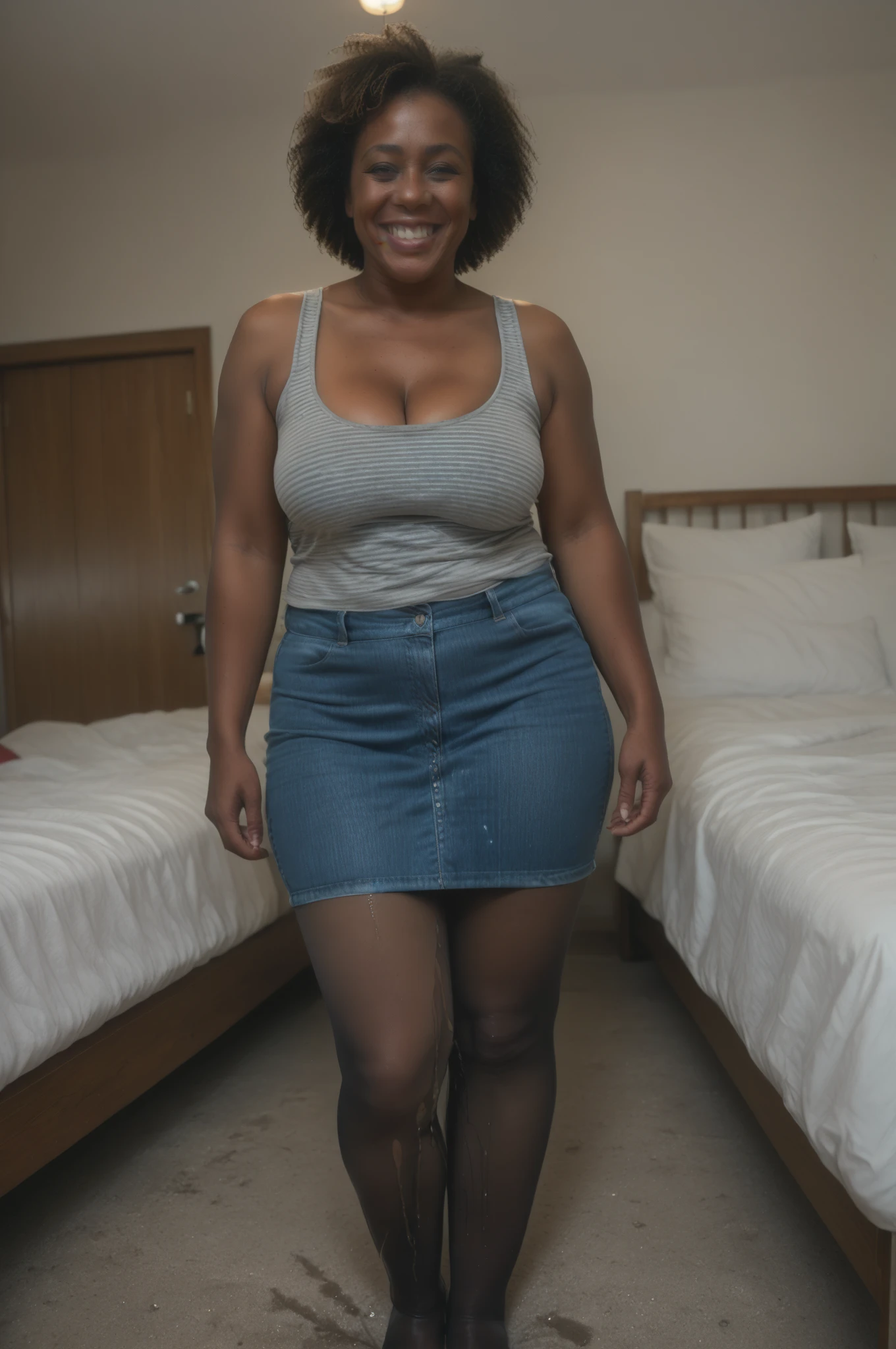 Forest, day scene , top view, A radiant, South Indian 35 year old aunty a gray chiffon skirt and shirt, sitting the floor on her knees a man standing next to her, captured in a full-body image with vibrant hues and meticulous details. Full body image