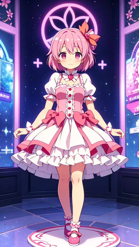 (masterpiece, best quality), 1girl, <lora:character_Akari:1> solo, 1girl, pink hair, braid, bangs, eyebrows visible through hair, short hair, brown eyes, sparkle, medium breasts,