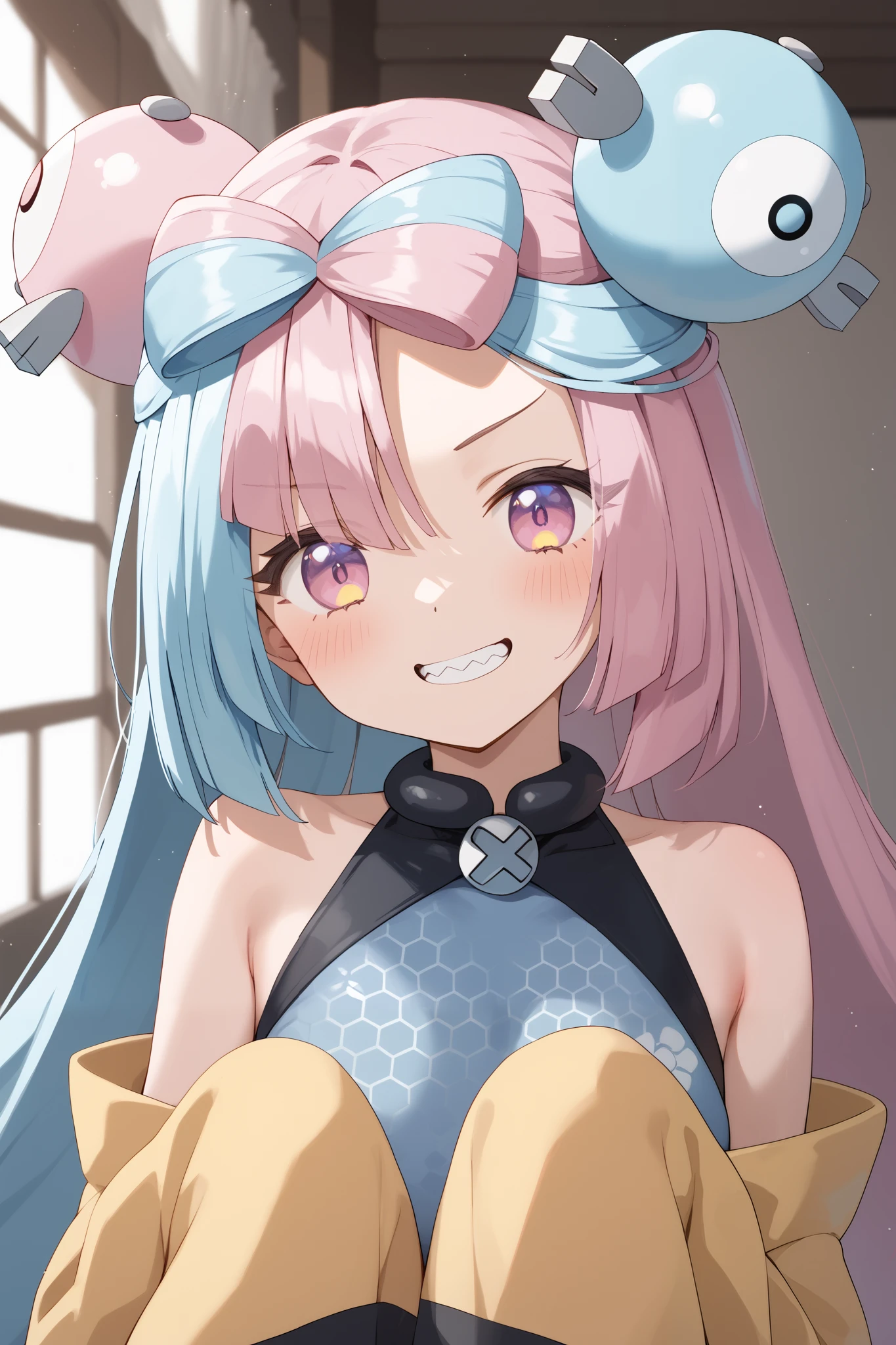 NSFW,masterpiece, top quality , high res, very detailed,Pokemon Iono、 blue hair、Bow-shaped hair、キャラクターの hair ornament、 hair ornament、 long hair、低く結んだ long hair、Multicolored Hair、 pink hair、 keen teeth、 split color hair、 twin tails、 two-tone hair 、 pink eyes, China Dress