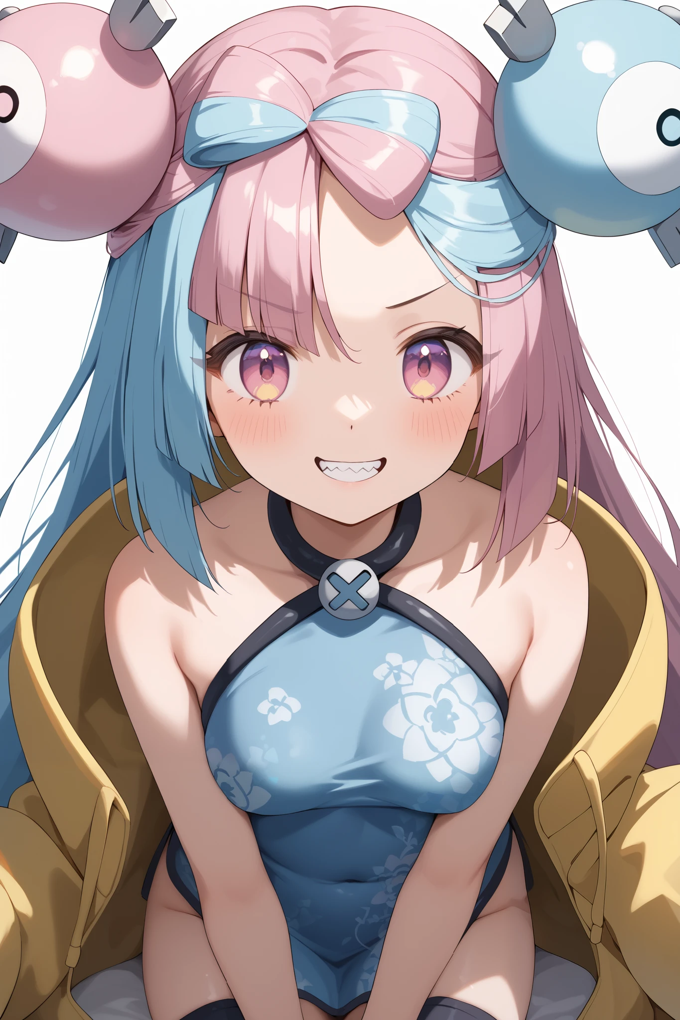 NSFW,masterpiece, top quality , high res, very detailed,Pokemon Iono、 blue hair、Bow-shaped hair、キャラクターの hair ornament、 hair ornament、 long hair、低く結んだ long hair、Multicolored Hair、 pink hair、 keen teeth、 split color hair、 twin tails、 two-tone hair 、 pink eyes, China Dress