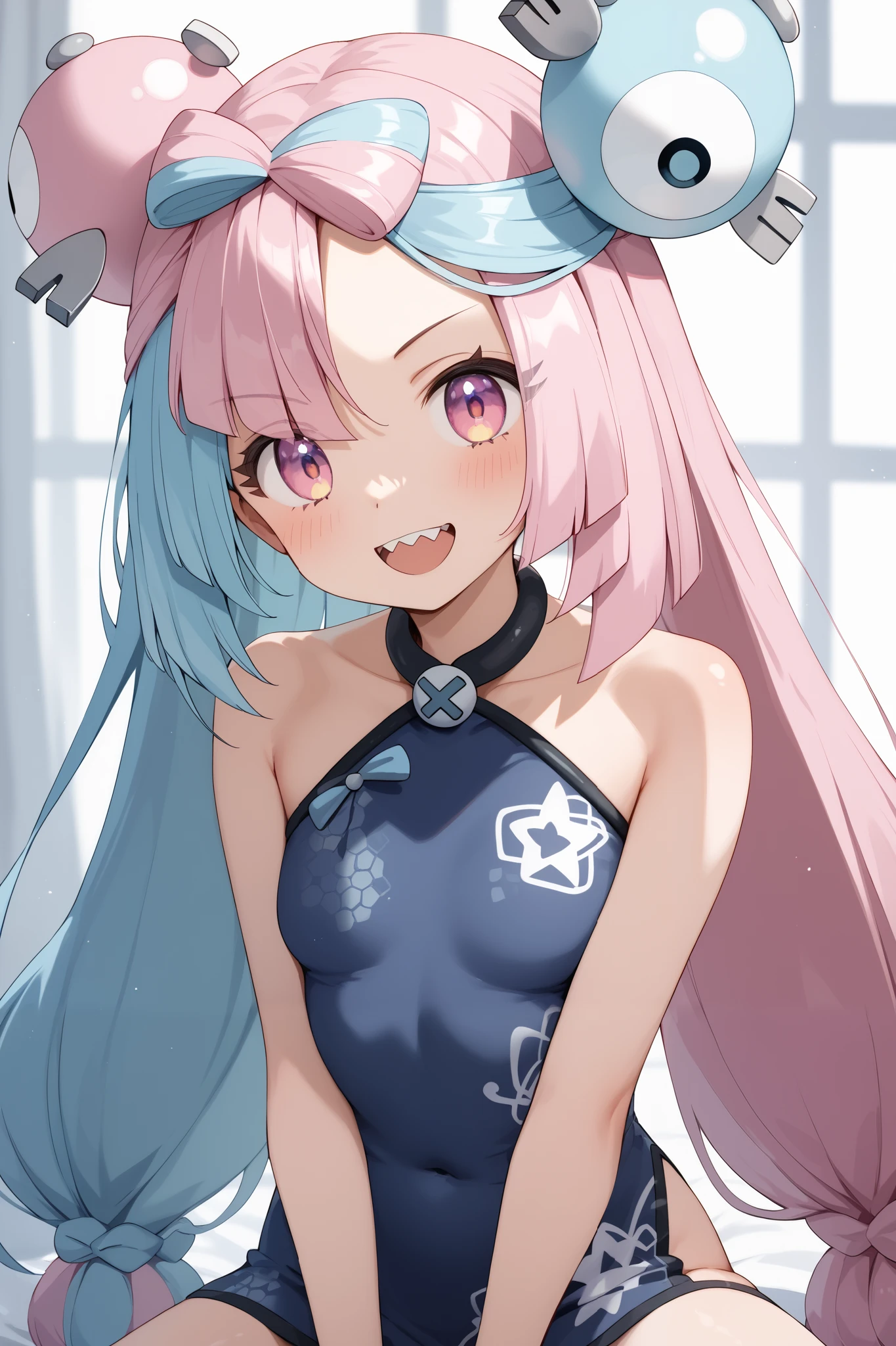 NSFW,masterpiece, top quality , high res, very detailed,Pokemon Iono、 blue hair、Bow-shaped hair、キャラクターの hair ornament、 hair ornament、 long hair、低く結んだ long hair、Multicolored Hair、 pink hair、 keen teeth、 split color hair、 twin tails、 two-tone hair 、 pink eyes, China Dress