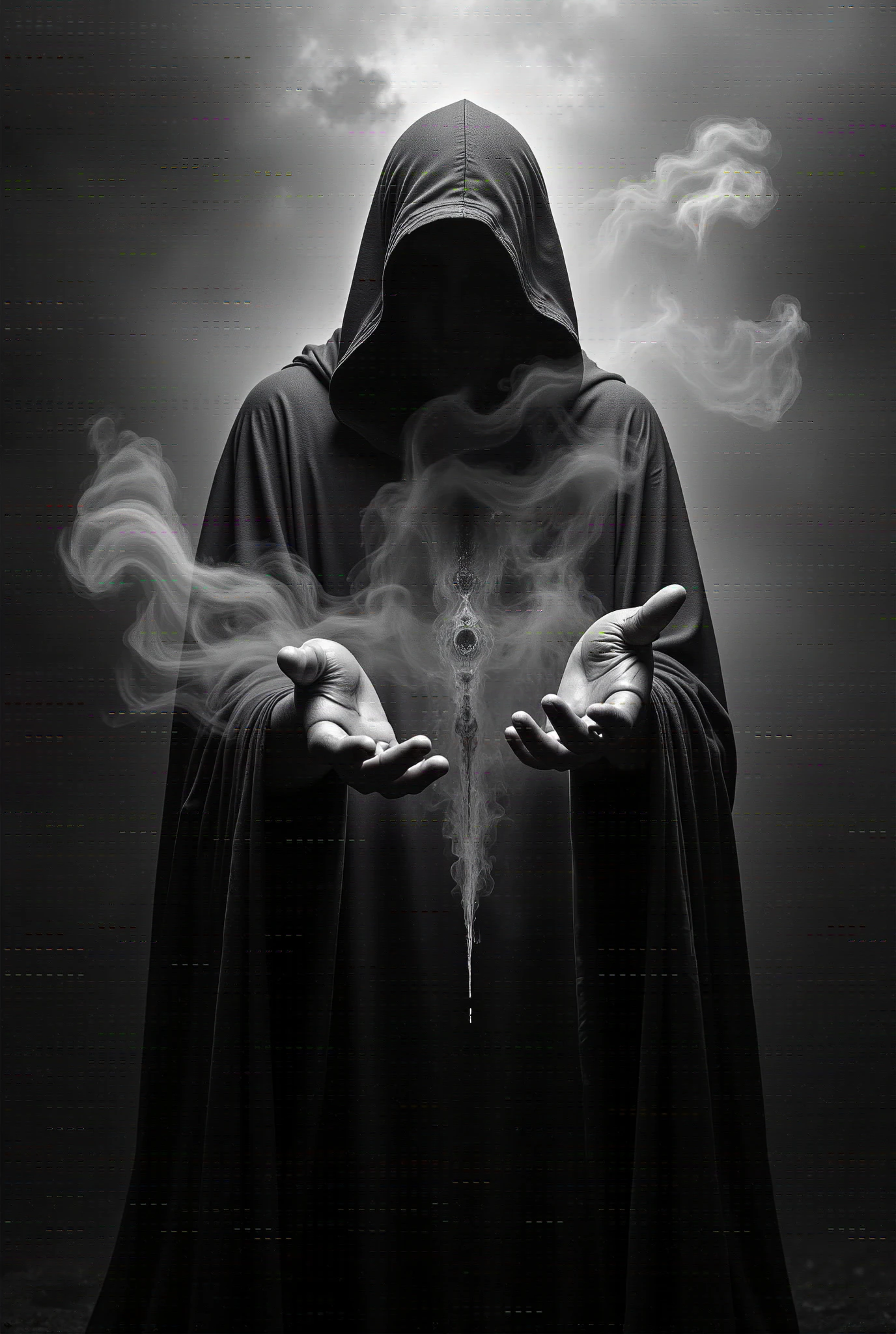 Ceci est un drame,  image générée par CGI représentant une puissante ,  scène mystique imprégnée d'une obscurité semblable au vide .  La figure centrale est une imposante , entité cagoulée ,  drapée d'un manteau en lambeaux qui flotte autour d'eux ,  comme s'ils étaient animés par l'essence de l'ombre elle-même .  Leur visage reste masqué par les ombres profondes du capot ,  renforçant l'atmosphère énigmatique et inquiétante .  Alors qu'ils se tiennent debout, les bras levés et les mains ouvertes ,  une masse tourbillonnante d'énergie du vide rayonne du bout de leurs doigts , , déformant l'obscurité environnante et faisant allusion à leur un immense contrôle sur les forces chaotiques de l'abîme qui tourbillonnent autour d'eux,  attirant la lumière et la matière .