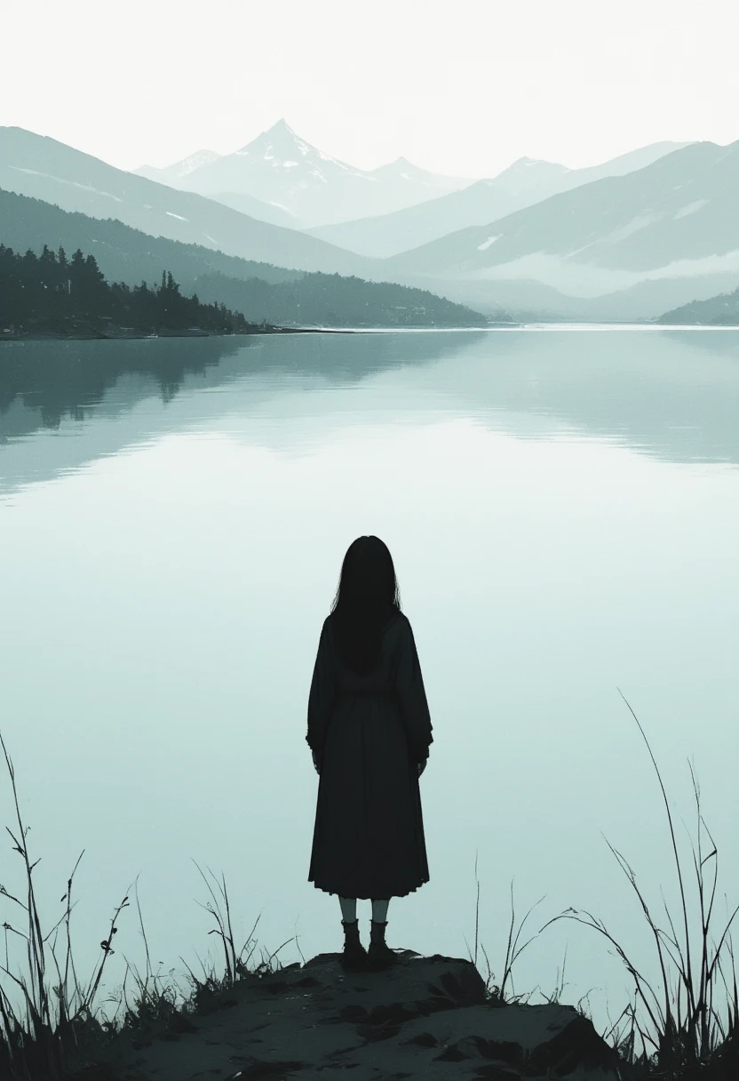 in a dream, Shadow shaped girl nodding off is stand in a blur. only lake just quietly swaying. human shape slightly reflected on the lake. Nothing living. only just a white world, a landscape. surrealism, dreamlike, loneliness,focus on the lake, great focus on the lake