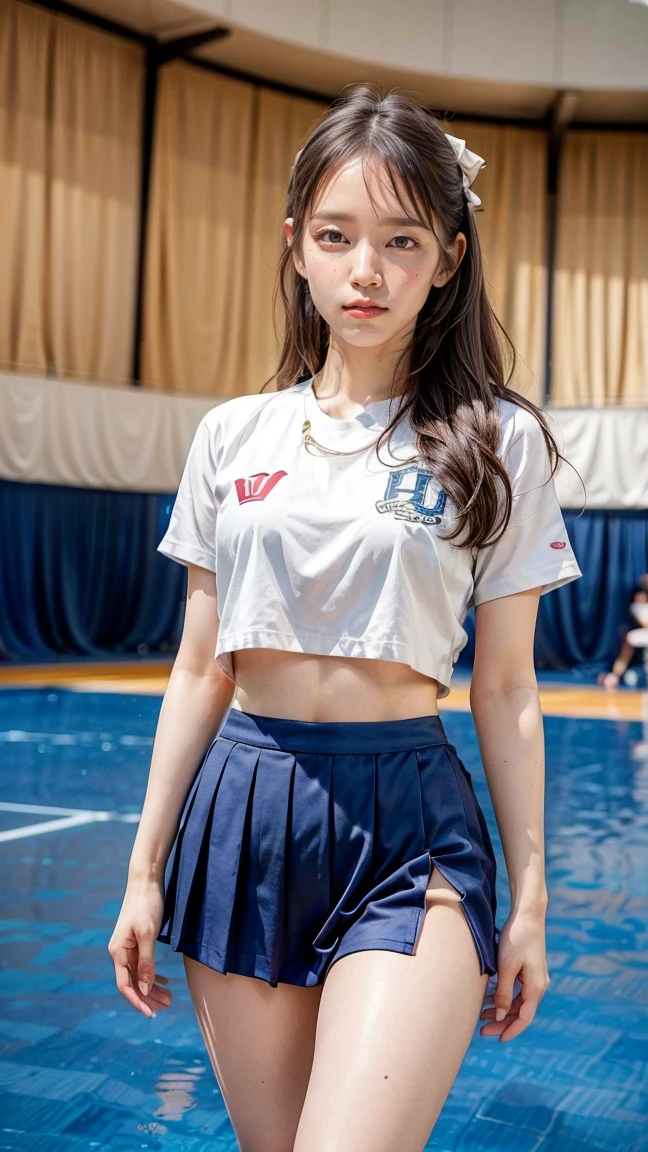 Tabletop, （highest quality）,（masterpiece） Realistic,Realistic Ultra-detailed, finely, High resolution, 8K Wallpaper,Anatomically correct body, One cute woman,Japanese,15 years old,,smile,（Black Hair：1.3）,（Straight long hair：1.4）,（Are thin：1.3）,T-Shirts,（Tartan Skirt：1.4）,Summer sunshine,Park during the day,Pulling up hair with his right hand,Clear skies,basking in the sun,