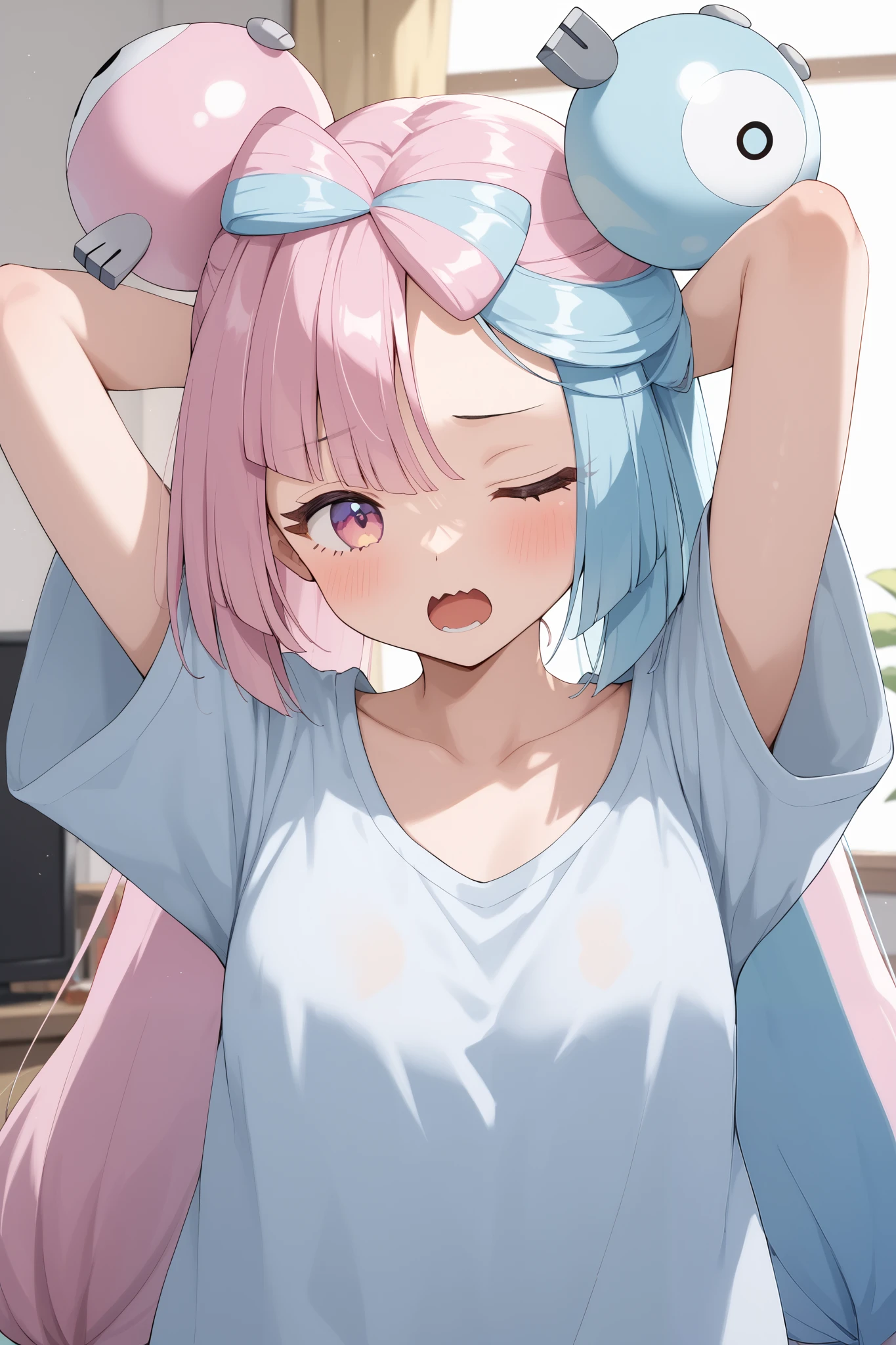 NSFW,masterpiece, top quality , high res, very detailed,Pokemon Iono、 blue hair、Bow-shaped hair、キャラクターの hair ornament、 hair ornament、 long hair、低く結んだ long hair、Multicolored Hair、 pink hair、 split color hair、 twin tails、 two-tone hair 、 pink eyes, oversized shirt,Baggy shirt, shoulder out,sleepy,yawn, living room