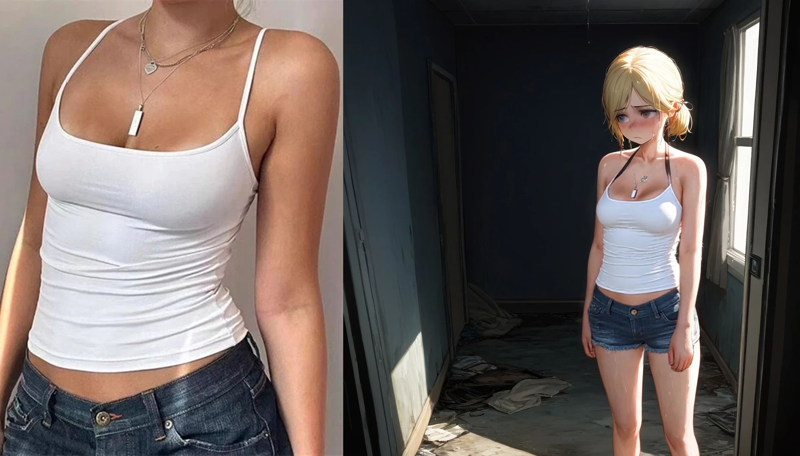 Realistisches Foto, fotorealistisch, Emma Watson als Strandschönheit, mit kurzen platinblonden Haaren, Bikini unter kurzem T-Shirt, nerdiger Bikini, vor einer mobilen Toilette am Strand stehen, Need to pee urgently, Knocking on closed toilet door, keeps up the pace, pinkelt ihr in die Hose, wetting herself, Piss runs down her legs, hat ihr in die Hose gepisst
