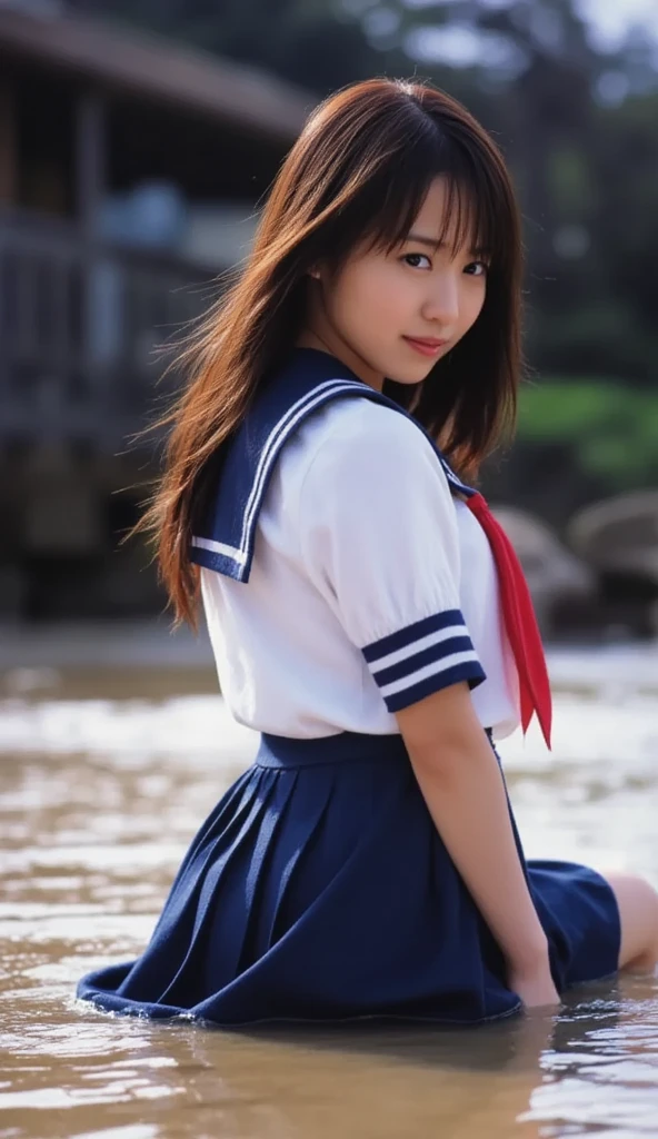 ((( super high res、 I was particular about every detail:1.4)))、 seaside dyed by the sunset 、 playing alone in the water 、 Cute Japanese  、 black hair that extends to her shoulders、 Bangs cut above her eyes  、 wearing a traditional Japanese uniform 、 sailor suit with white collar and dark blue lines 、 wearing a dark blue pleated skirt、 red scarf 、楽しそうにsmileを浮かべ、 play alone on the beach 、 Uniform sleeves are rolled up to the elbow .、 skirt The hem is also slightly wet .、barefoot、 her little white feet 、 bounces slightly every time it comes into contact with sand and water .、There&#39; step on the sand 、 enjoying the feel of the sand every time the water drops .、 scraping seawater back into the waves 、 vast blue ocean and sandy beach 、 beautiful sunset-dyed sky 、A small island in the distance々、There are small shells and driftwood on the shore.、 backpack placed on the beach 、 and socks neatly arranged on the chest of tops 、 relaxing style after school 、 fun memories of the end of summer 、Female in her late teens、 portrait、Dim city silhouette、 Silhouettes of buildings and streetlights Long dark brown hair 、 naturally wavy curls 、 breeze is blowing、 hair hanging down the sides of her face 、Smooth skin、Healthy olive color、The tan lines are faintly visible、Natural redness on the cheeks、 There are a few small smirks on her forehead .、Eyes with dark brown irises、Your eyes are sparkling, Reflects light、 long curled eyelashes 、Accentuate the eyes、The eyebrows are thin and trimmed、Natural Arch、small nose、 straight、 straight nose、 with plump lips 、soft pink lip gloss、Ultra-thin camisole、barefootとbarefoot、 The sleeve of the uniform is rolled up to the elbow 、 A small diamond earring shines on her left ear...、The expression is calm、Be confident、smile、((( )))、Realistic textures and facial details