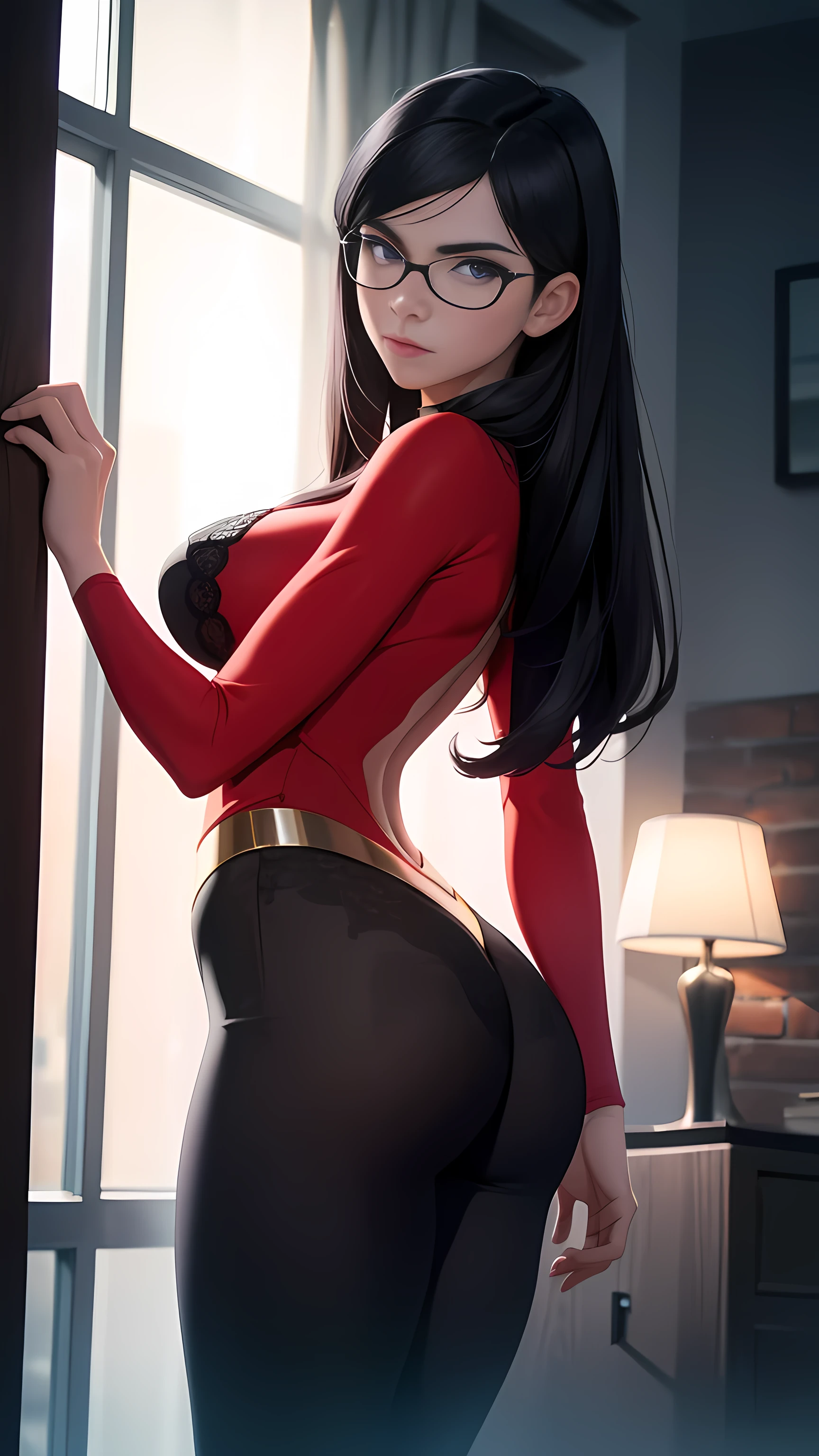 violet parr,wearing lingerie,long black hair,vivid purple eyes,smoky makeup,big round butt,perfectly sculpted abs,(best quality,4k,8k,highres,masterpiece:1.2),ultra-detailed,(realistic,photorealistic,photo-realistic:1.37),portrait,dark and moody lighting,vivid color grading