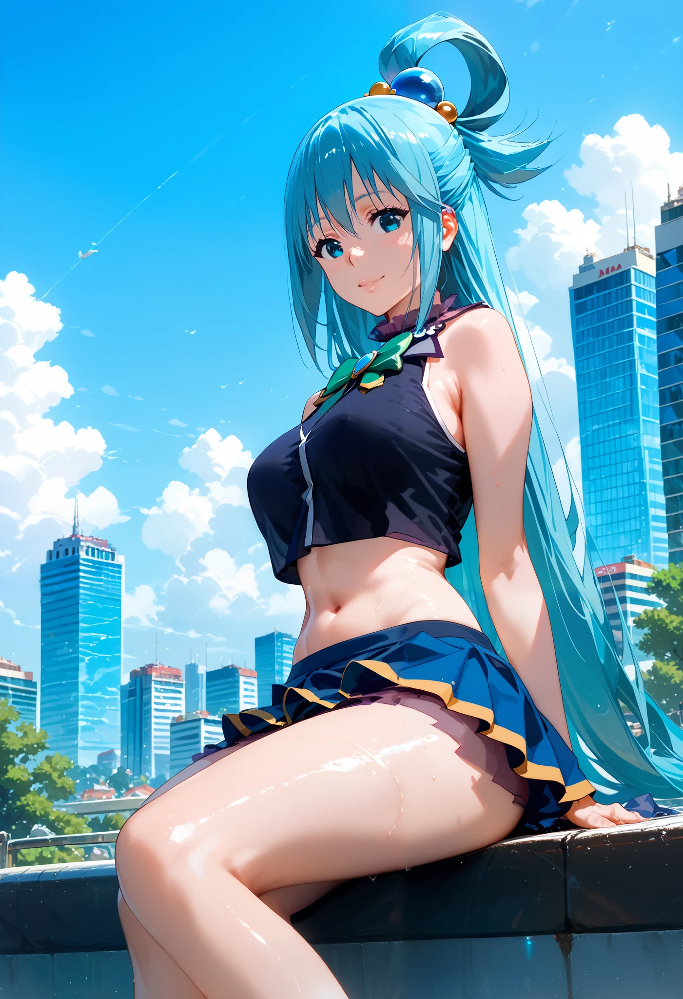 aqua (konosuba) ,wearing black top sitting on a skyscraper edge, by studio ghibli, city scenery, detailed illustration, official art, in the style of kawacy, graceful movement, nocturne, composed, hd wallpapers