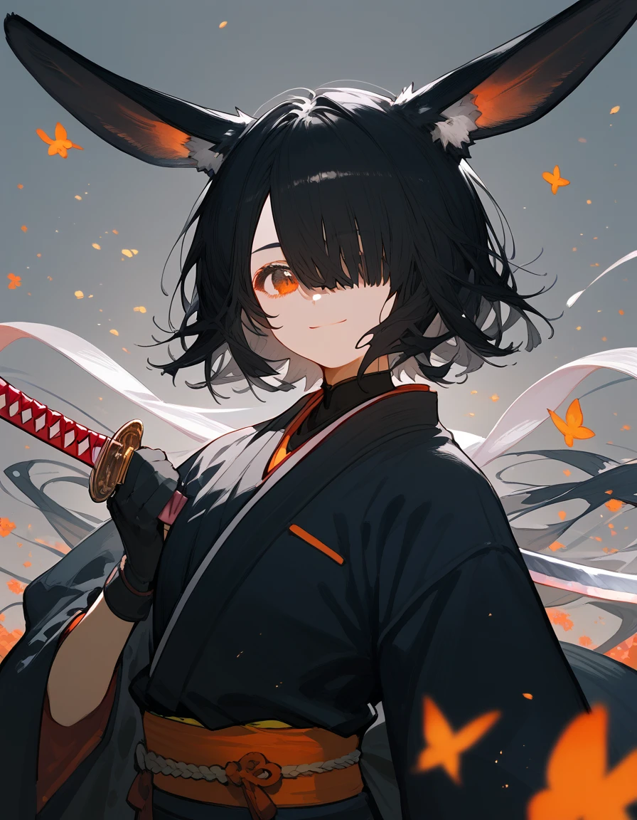  black rabbit girl,In the orange eyes,Japanese archer,Long ears ,, closed one eye,Black suit, hair over eyes , black hair, medium face ,smile,Japanese set ,kimono, wear gloves, katana art 