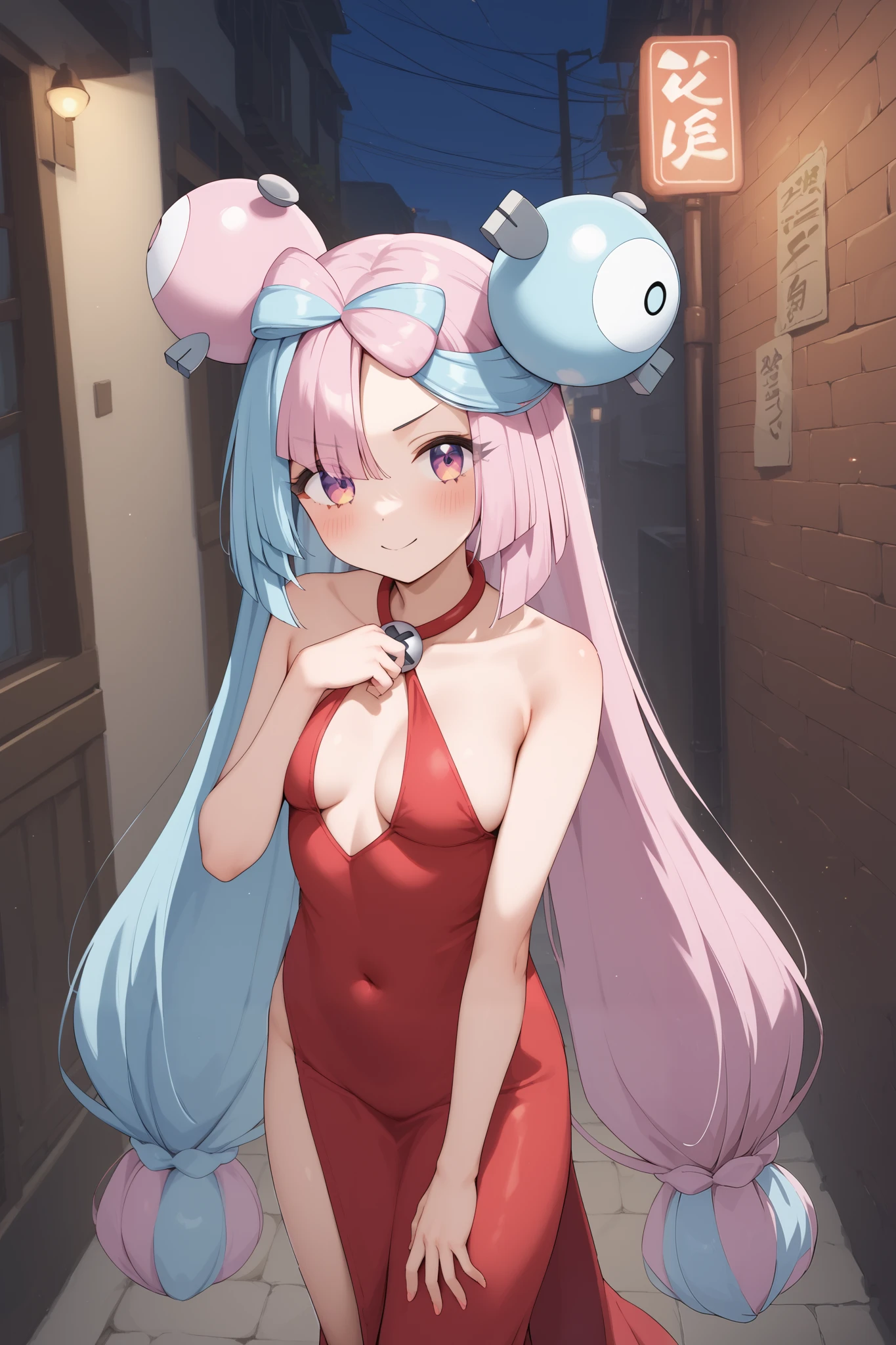 NSFW,masterpiece, top quality , high res, very detailed,Pokemon Iono、 blue hair、Bow-shaped hair、キャラクターの hair ornament、 hair ornament、 long hair、低く結んだ long hair、Multicolored Hair、 pink hair、 split color hair、 twin tails、 two-tone hair 、 pink eyes,(Prostitute), Evening Dress,Nightlife,alley, lustful face