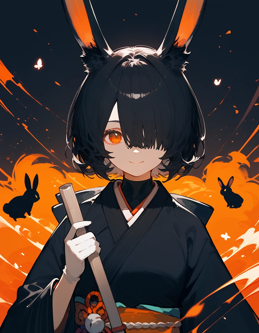  black rabbit girl,In the orange eyes,Japanese archer,Long ears ,, closed one eye,Black suit, hair over eyes , black hair, medium face ,smile,Japanese set ,kimono, wear gloves, 