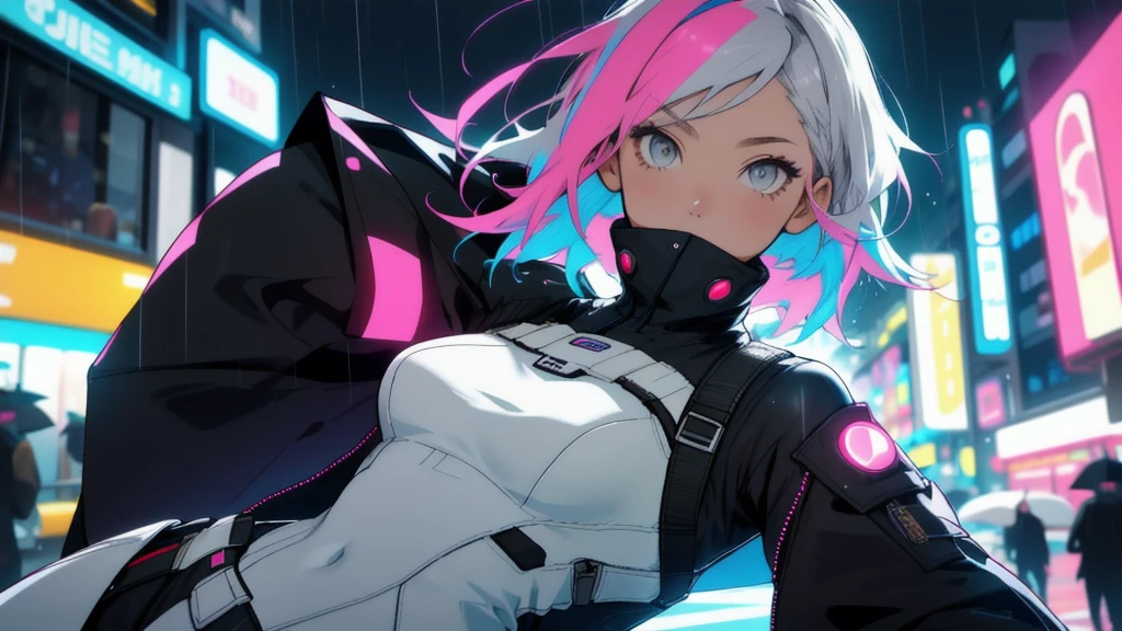 portrait, 1 girl, beautiful face, asymmetrical hair, multi-colored hair, belt, bodysuit, covered mouth, covered navel, detached sleeves, grey eyes, hip vent, open jacket, cute, look at viewer, night city, neon, rainy,