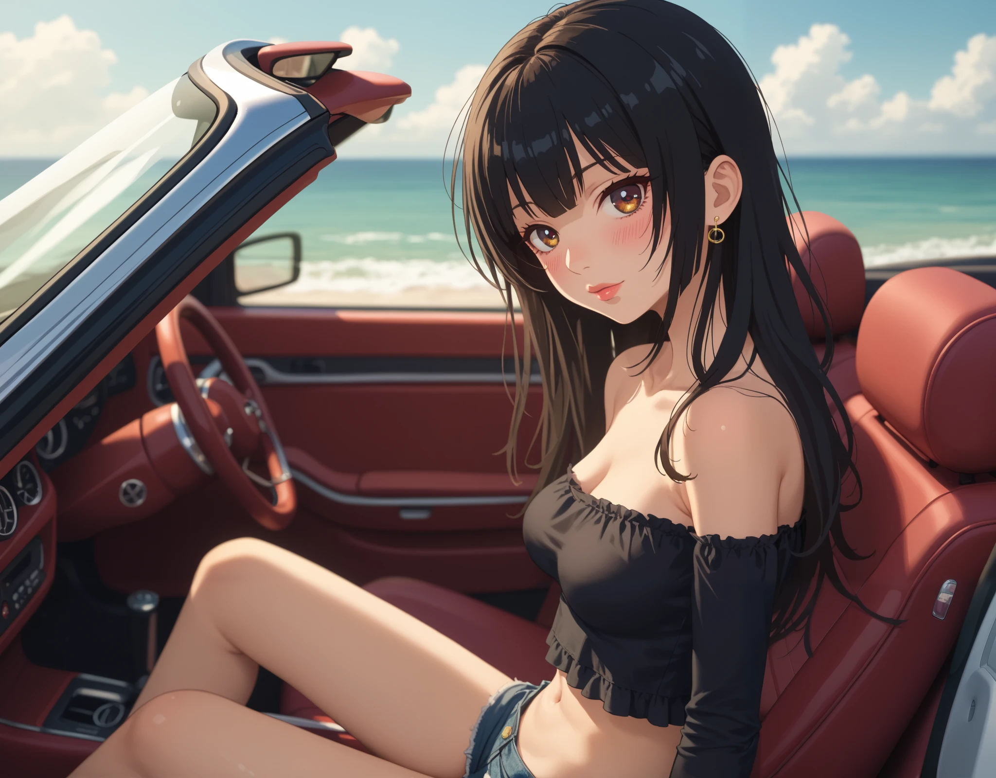 score_9, score_8_up, score_7_up, source_anime, vivid colors, (jabami yumeko, Gyaru), (1girl, solo), full body, (black long hair, hime cut), stunning brown eyes, sexy lips, pale skin, (off shoulder crop top, medium breasts), bare abdomen, denim shorts, (sultry look, blush), looking at viewer, (sitting on the car seat, convertible, open roof)