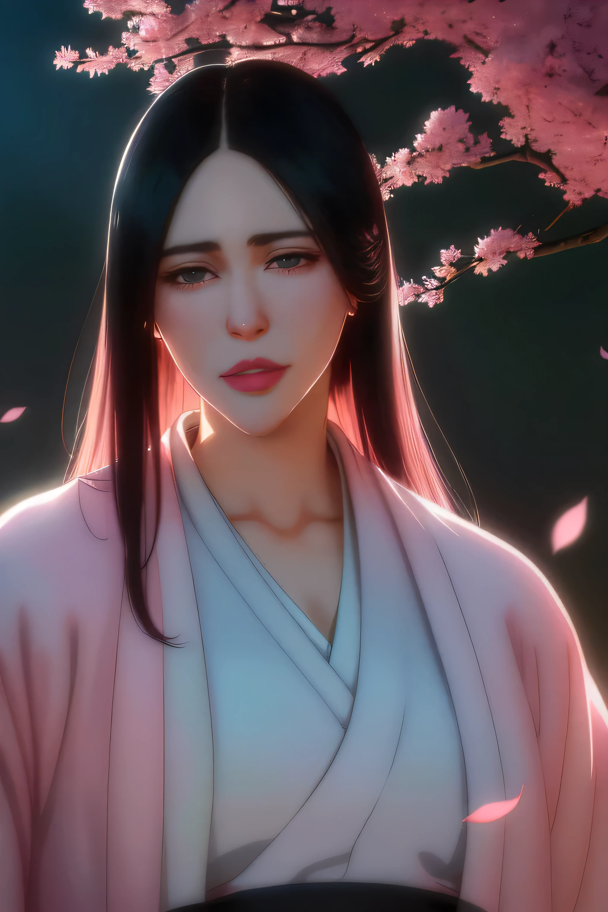 masterpiece, absurdres, Unohana Yachiru (Bleach, 1girl, solo,mature female, white kimono ,layered sleeves, outdoors,lavender flower field, looking at viewer, (falling petals), cloudy sky, perfect composition, detailed lips, big breast, beautiful face, body propotion, blush, (pink lips), long and black hair, black eyes, soft gaze, sad smile, super realistic, detailed, photoshoot, realistic face and body, realistic hair, realistic eyes, realistic nose, realistic lips white Japanese dress, sword in hand,