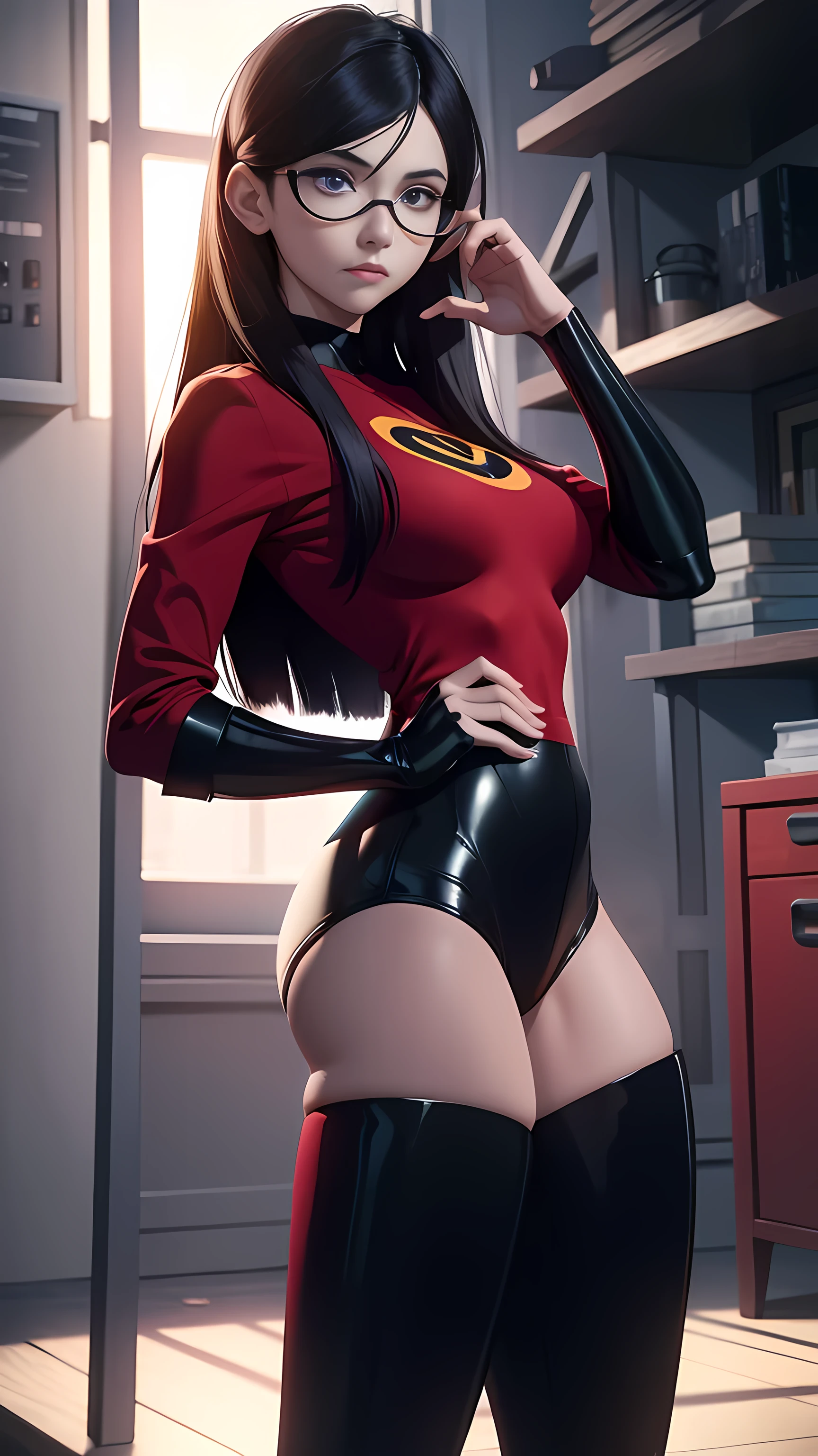 violet parr,wearing lingerie,long black hair,vivid purple eyes,smoky makeup,big round butt,perfectly sculpted abs,(best quality,4k,8k,highres,masterpiece:1.2),ultra-detailed,(realistic,photorealistic,photo-realistic:1.37),portrait,dark and moody lighting,vivid color grading