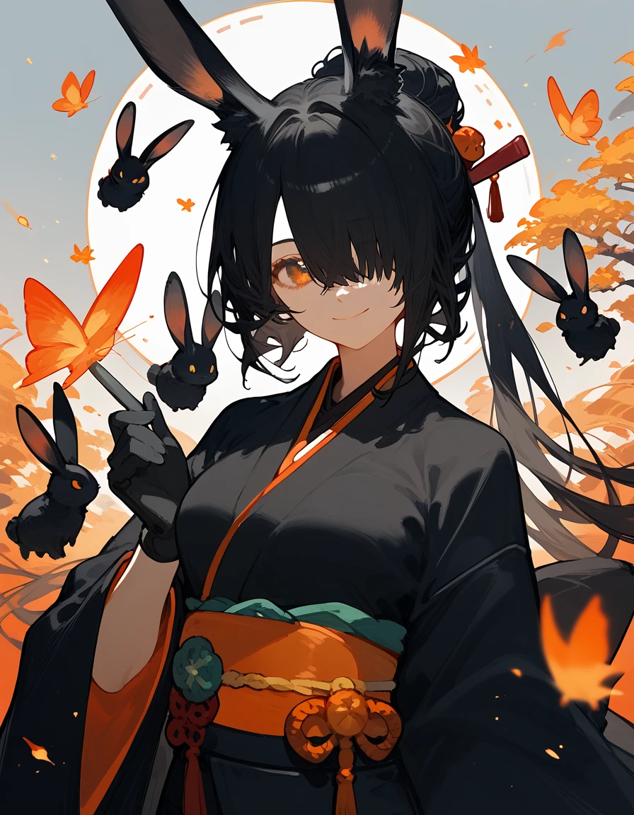  black rabbit girl,In the orange eyes,Japanese archer,Long ears ,, closed one eye,Black suit, hair over eyes , black hair, medium face ,smile,Japanese set ,kimono, wear gloves, medium breasts 