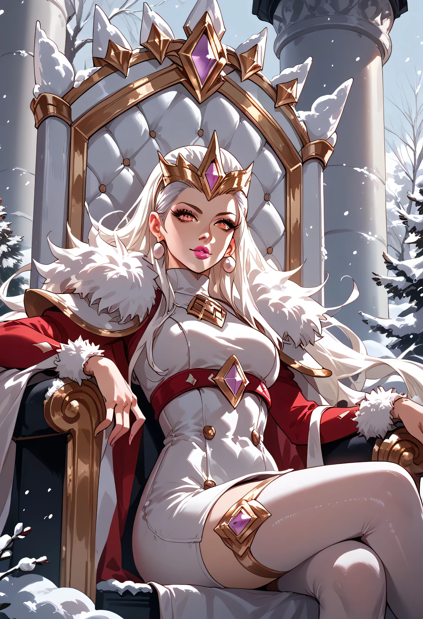 red clothes, white clothes, pink lipstick, white hair, banshee style, amber eyes, woman, snow, sitting on throne, anime style, focus on character