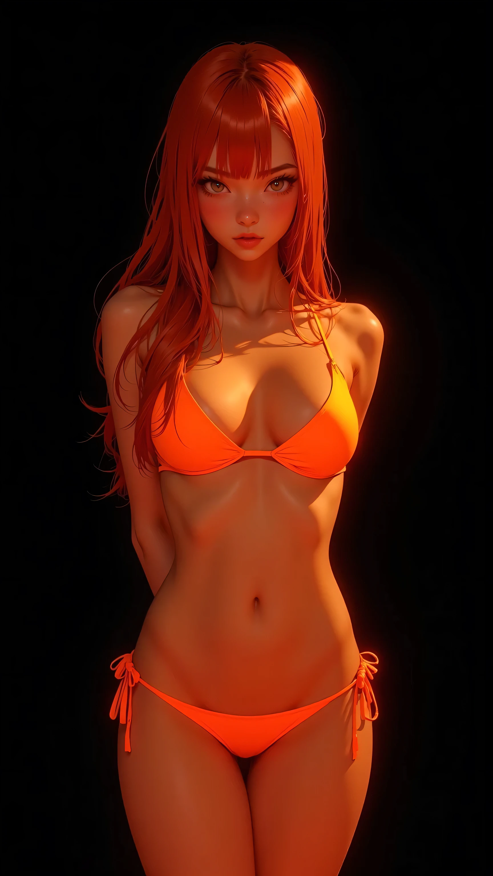 One asian girl、((tattoos)), Excellent anatomy, masterpiece, Highest quality,Realistic, hyperRealistic, 16k hdr,NSFW、Long orange Hair、Straight Hair、bangs、freckles、high school girl、Slender、Slender body、asian high school girl, small breasts, cleavage, Lewd, horny, (((sexual gaze))), huge breasts, cleavage, (((neon orange monochromatic color palette))), (((sexy pose))), big orange eyes, neon orange micro bikini, luminescence, ulzzang, (anime), manga, sexy, submissive, ((seductive)), ((heavy blushing)), shy, tease, 8ｋ, Highest quality, masterpiece, Sharp focus, ((shiny skin)), ((naughty girl)), black background, arms behind back, arched back, no background, black background, 
