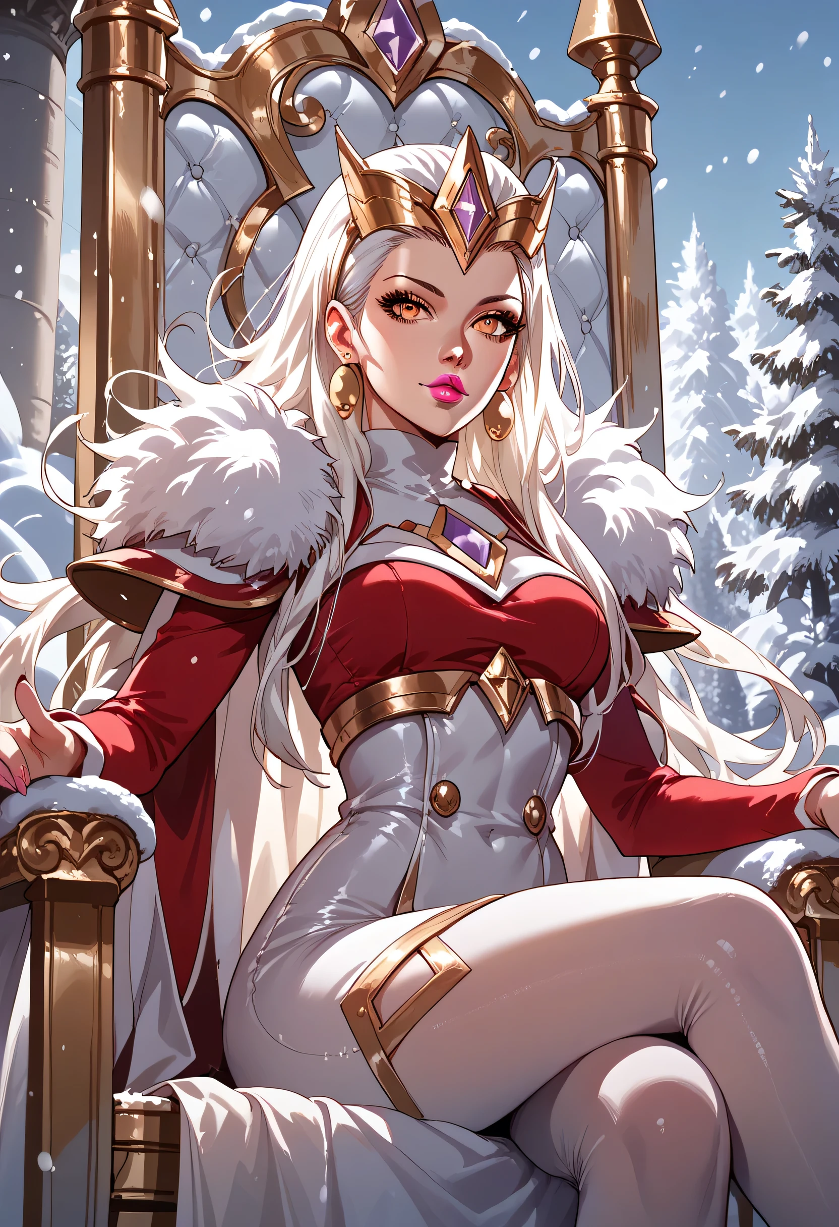 red clothes, white clothes, pink lipstick, white hair, banshee style, amber eyes, woman, snow, sitting on throne, anime style, focus on character