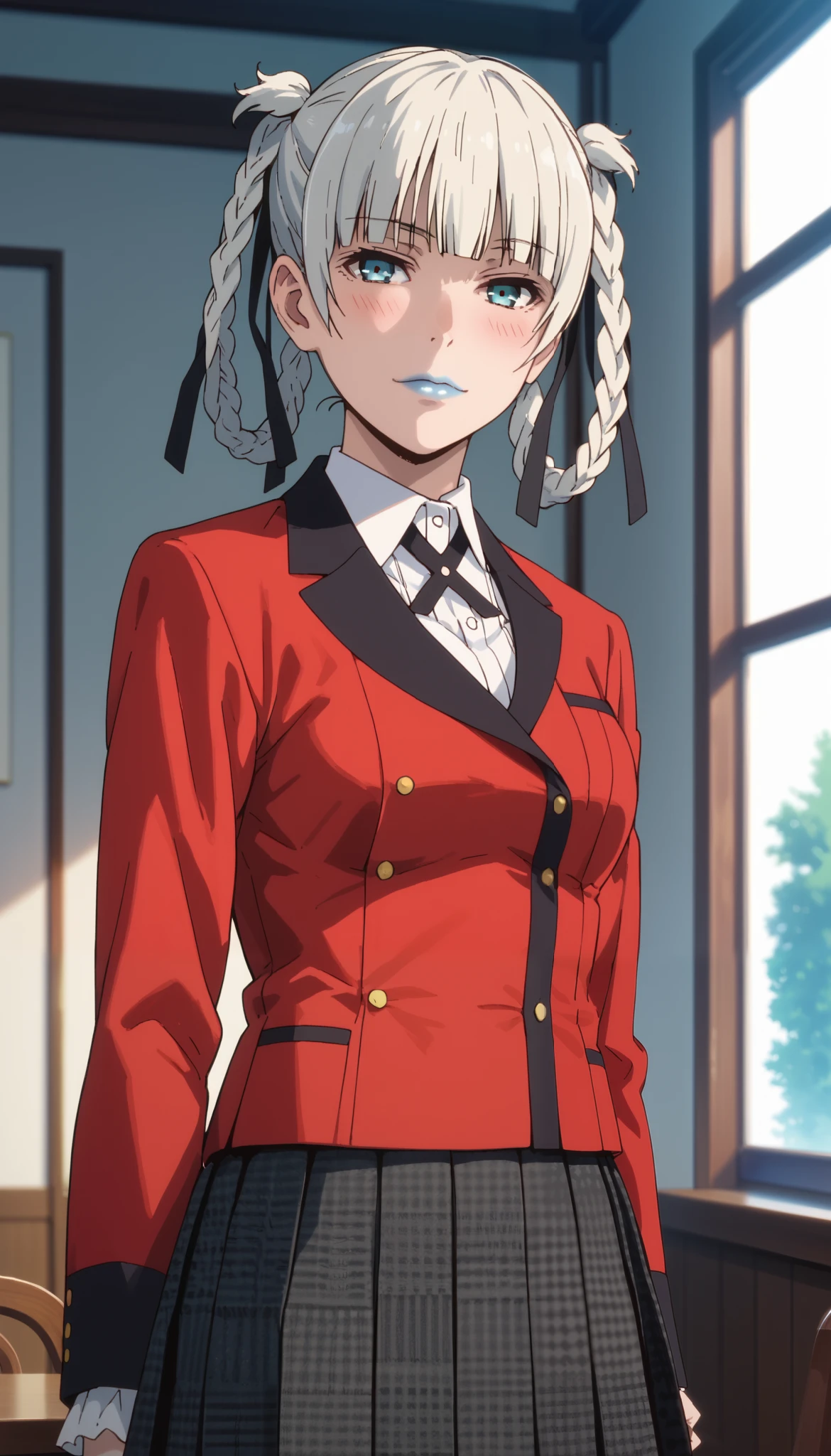 Score_9, score_8_up, score_7_up, score_6_up, source_anime, rating:general, 1girl, kirari momobami, white hair, braided hair, sultry look, head tilt, blush, pale white skin, , blue eyes, blue lipstick, colored contacts, medium sized breasts, pleated skirt, black pantyhose, red blazers, white collared shirt, traditional Japanese school, solo, 8k quality, vivid colors, perfect lighting, perfect shadowing,