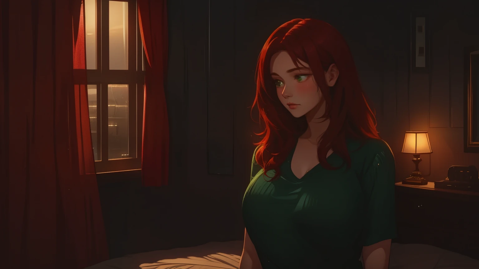 "A cozy and cinematic bedroom with a dark, rainy atmosphere. The room is illuminated by moody neon lights in shades of deep purple and soft green, casting a mysterious and calming glow on the walls. A woman with short auburn red hair sits on the edge of the bed, gazing thoughtfully out of the large glass window, where heavy rain pours down, with water droplets streaming across the glass. She is dressed in casual, comfortable clothing, reflecting the serene and introspective mood of the scene. A vintage classic TV is playing static or an old movie, adding a nostalgic touch to the room. The setting is rich with detail, blending solitude, coziness, and cinematic ambiance."