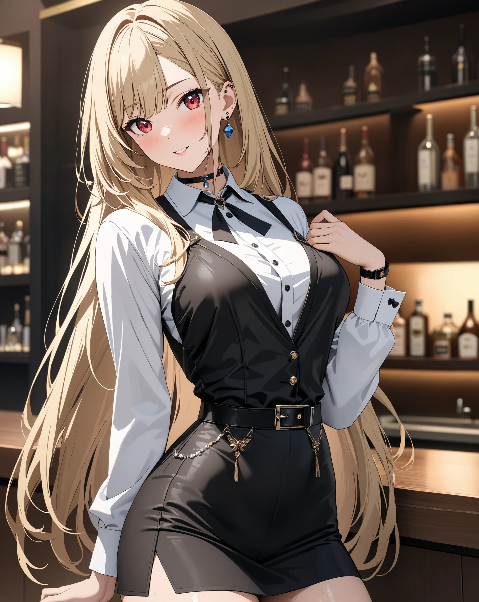 最high quality、best image quality、masterpiece、teenage girl((20-year-old、 By becoming、vest bust、medium bust,wide open breast tea、shining eyes, blonde hair、long hair、thin,highest valley、ponytail、Bartender costumes、mini skirt、holding a wine bottle、smile、black gloves、chest holder、breastfeeding)),high quality、beautiful art、background((night bar))debris flies、Depth of written boundary、movie、visual art、perfect art、8k,genuine、