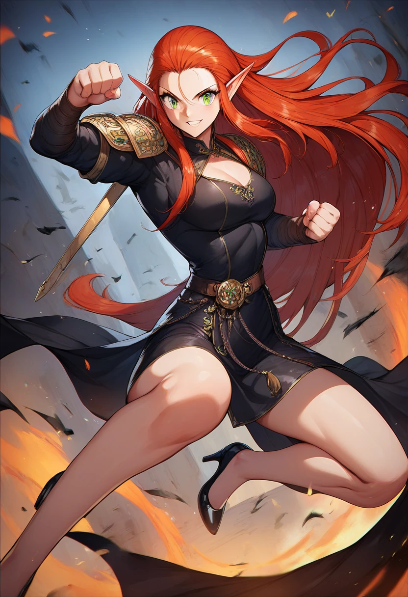 a very sexy woman, 25 year old warrior, redhead, long hair, green eyes, elf ears, sexy clothing, half cancan, black dress, black heels, smiling, confidence, fighting pose