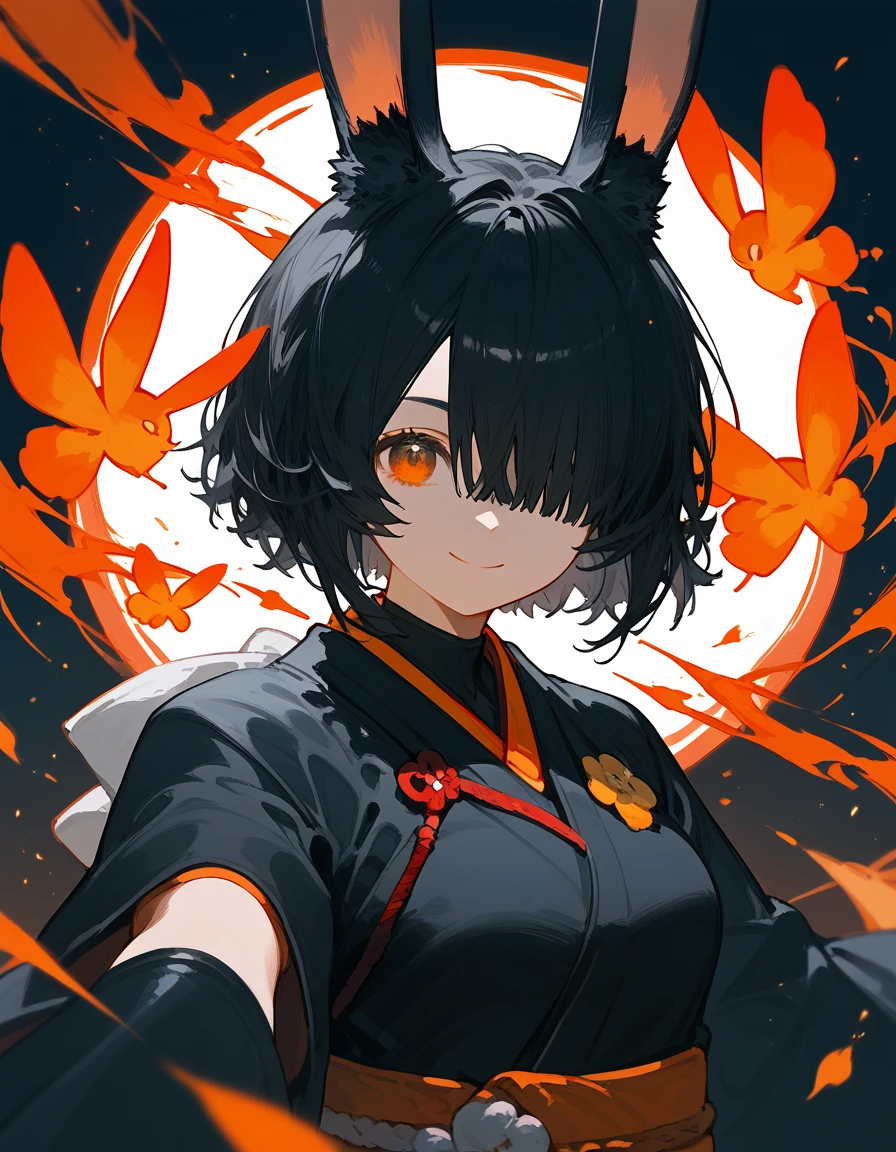 alone, black rabbit girl,In the orange eyes,Japanese archer,Long ears ,, closed one eye,Black suit, hair over eyes , black hair, medium face ,smile,Japanese set ,kimono, wear gloves, medium breasts ,Short hair