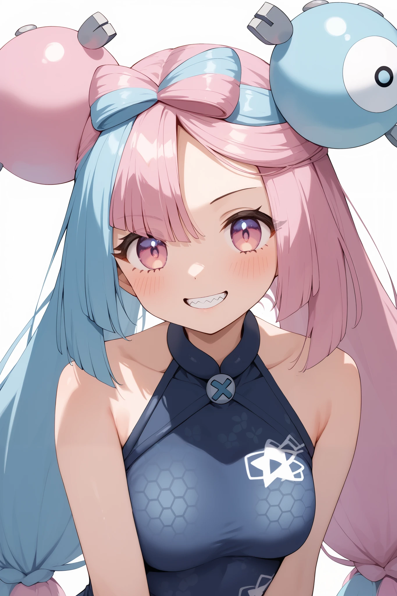 NSFW,masterpiece, top quality , high res, very detailed,Pokemon Iono、 blue hair、Bow-shaped hair、キャラクターの hair ornament、 hair ornament、 long hair、低く結んだ long hair、Multicolored Hair、 pink hair、 keen teeth、 split color hair、 twin tails、 two-tone hair 、 pink eyes, China Dress,Chinese Style