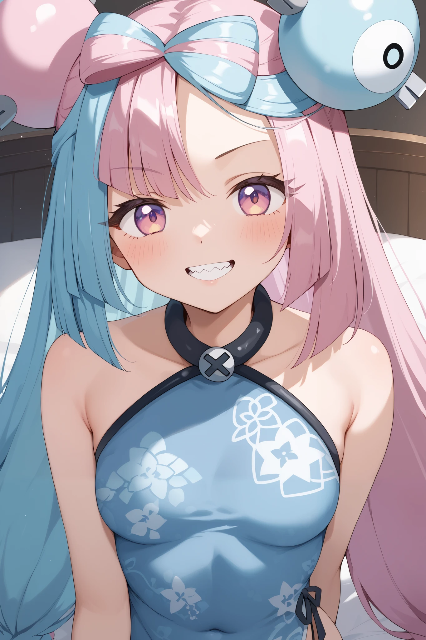 NSFW,masterpiece, top quality , high res, very detailed,Pokemon Iono、 blue hair、Bow-shaped hair、キャラクターの hair ornament、 hair ornament、 long hair、低く結んだ long hair、Multicolored Hair、 pink hair、 keen teeth、 split color hair、 twin tails、 two-tone hair 、 pink eyes, China Dress,Chinese Style