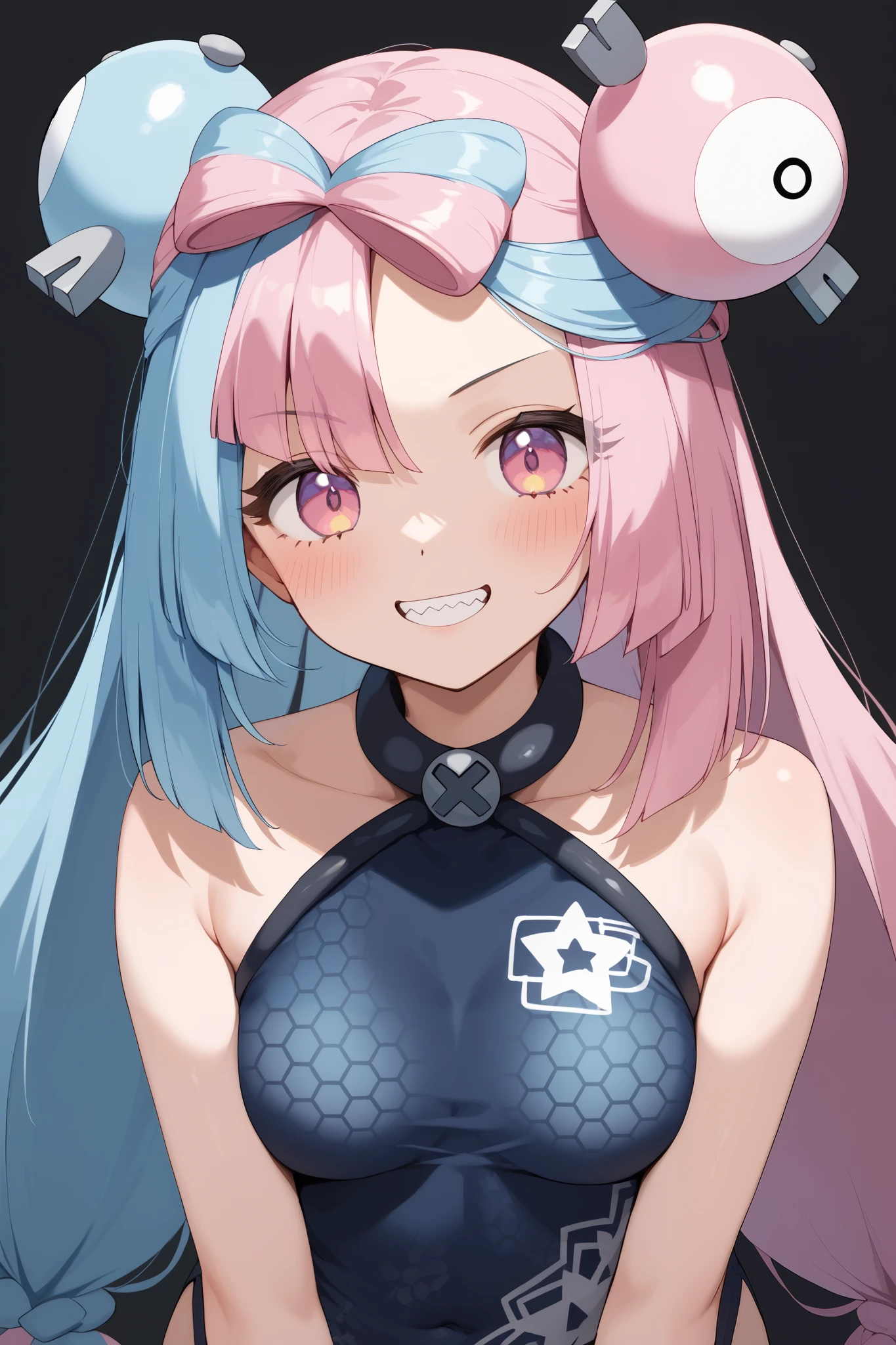 NSFW,masterpiece, top quality , high res, very detailed,Pokemon Iono、 blue hair、Bow-shaped hair、キャラクターの hair ornament、 hair ornament、 long hair、低く結んだ long hair、Multicolored Hair、 pink hair、 keen teeth、 split color hair、 twin tails、 two-tone hair 、 pink eyes, China Dress,Chinese Style