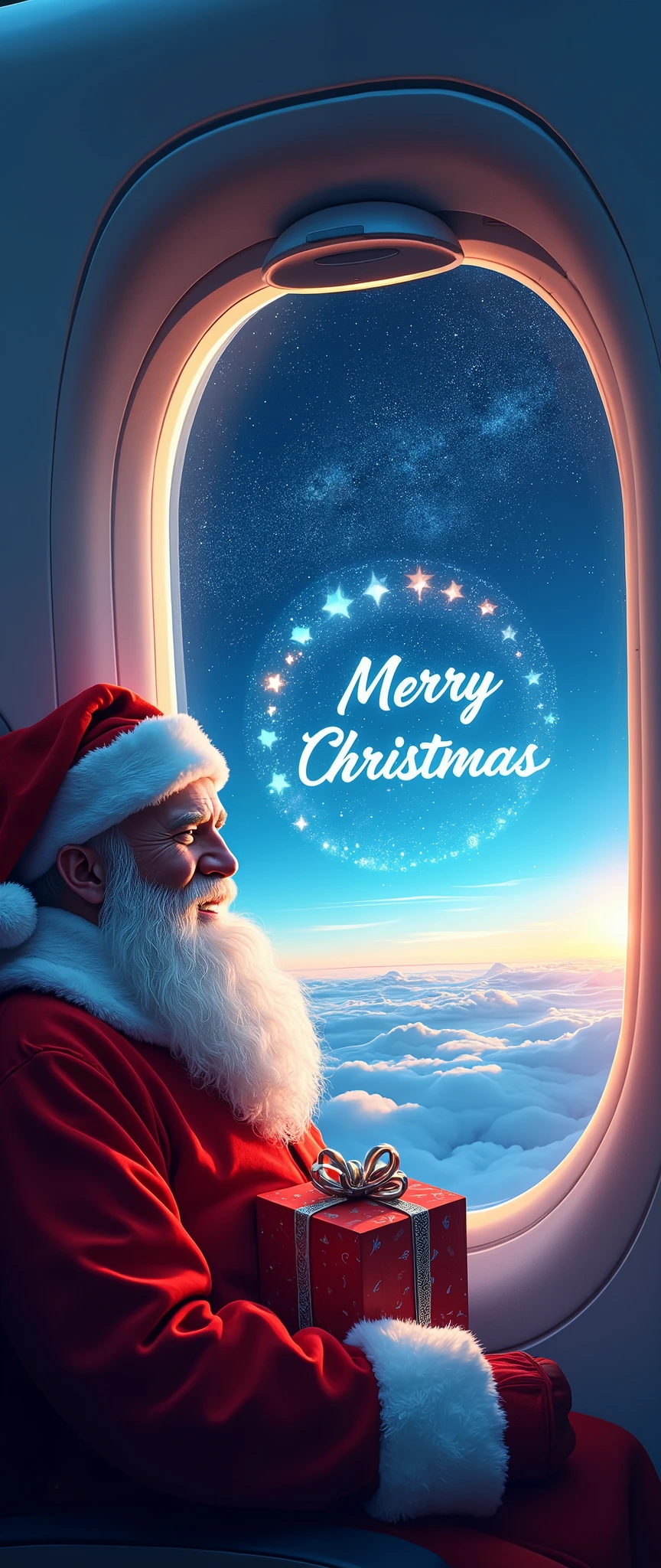 (masterpiece:1.2, high image quality, Mirror Finish , cinematic experience , best illustration :2.0, super detailed ),8k,16k,( wallpaper:2.0),( view from an airplane window with a hologram in the night sky:2.0),(" Merry Christmas "Write:2.0),( Santa Claus a on a plane :2.0),(smile:2.0),(  Santa Claus is holding presents:2.0),( full of night sky :2.0)