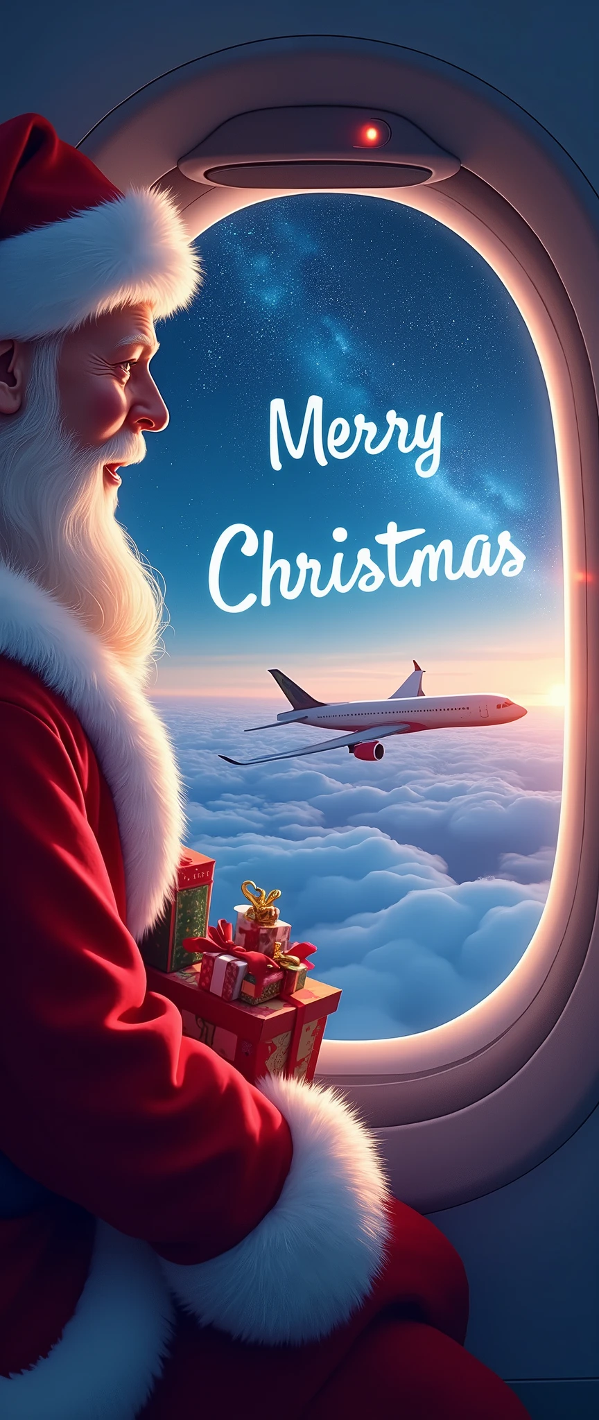 (masterpiece:1.2, high image quality, Mirror Finish , cinematic experience , best illustration :2.0, super detailed ),8k,16k,( wallpaper:2.0),( view from an airplane window with a hologram in the night sky:2.0),(" Merry Christmas "Write:2.0),( Santa Claus a on a plane :2.0),(smile:2.0),(  Santa Claus is holding presents:2.0),( full of night sky :2.0)