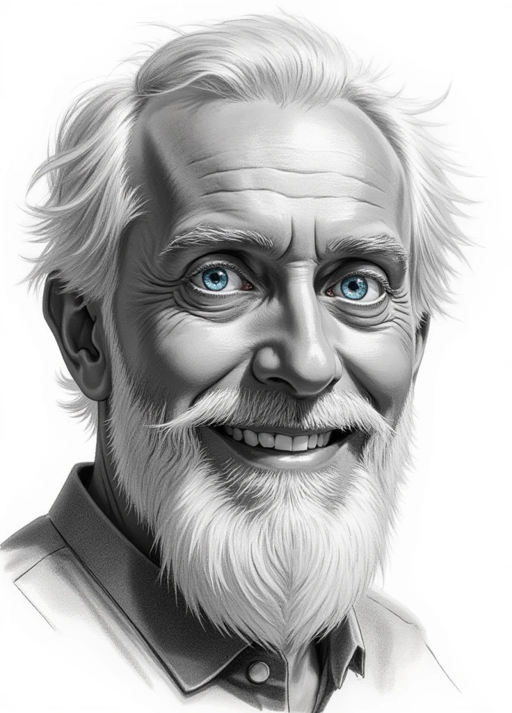 Satador _Pencil drawing by Gojo a Man , pencil sketch, portrait,  Shading pen, shadows,  bright blue eyes bearded elderly ,Smiling old men showing their teeth 