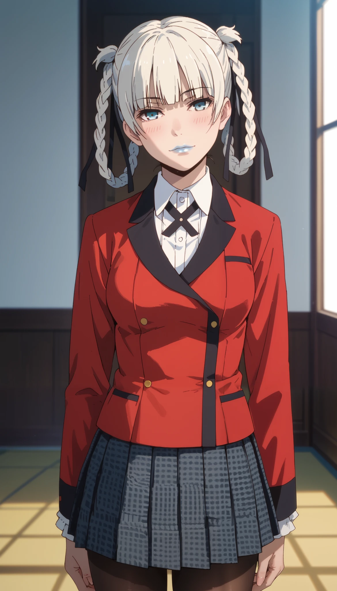 Score_9, score_8_up, score_7_up, score_6_up, source_anime, rating:general, 1girl, kirari momobami, white hair, braided hair, sultry look, head tilt, blush, pale white skin, , blue eyes, blue lipstick, colored contacts, medium sized breasts, pleated skirt, black pantyhose, red blazers, white collared shirt, traditional Japanese school, solo, 8k quality, vivid colors, perfect lighting, perfect shadowing,