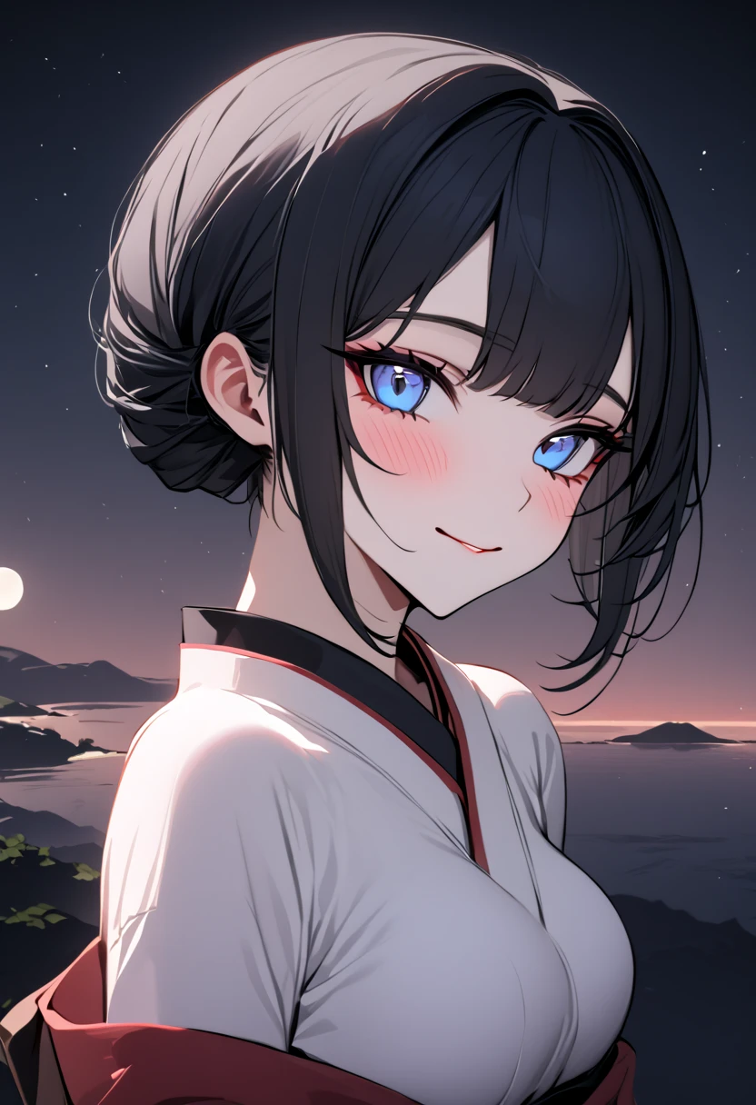 masterpiece, best quality, solo, 1girl, round breasts, cute girl, blushing, long eyelashes, red and white kimono, detailed, fair skin, soft pink lips, light makeup, warm smile, black flip flops, long sleeves, hair drills haircut, blue eyes, midnight black hair, moon in the sky background/ landscape